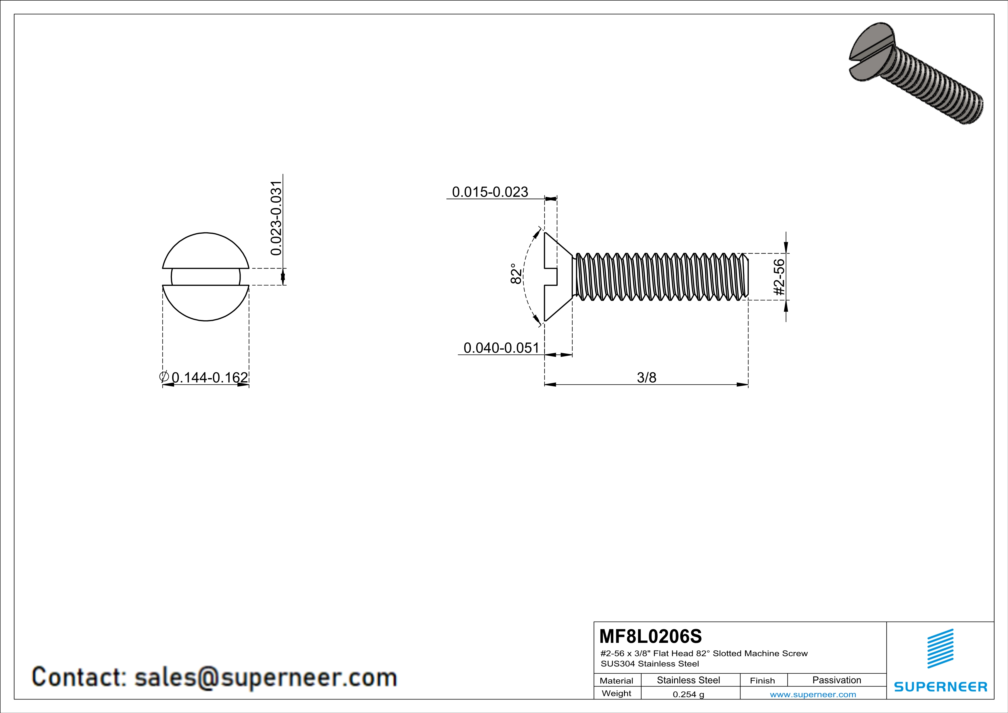 2-56 x 3/8" Flat Head 82° Slotted Machine Screw SUS304 Stainless Steel Inox