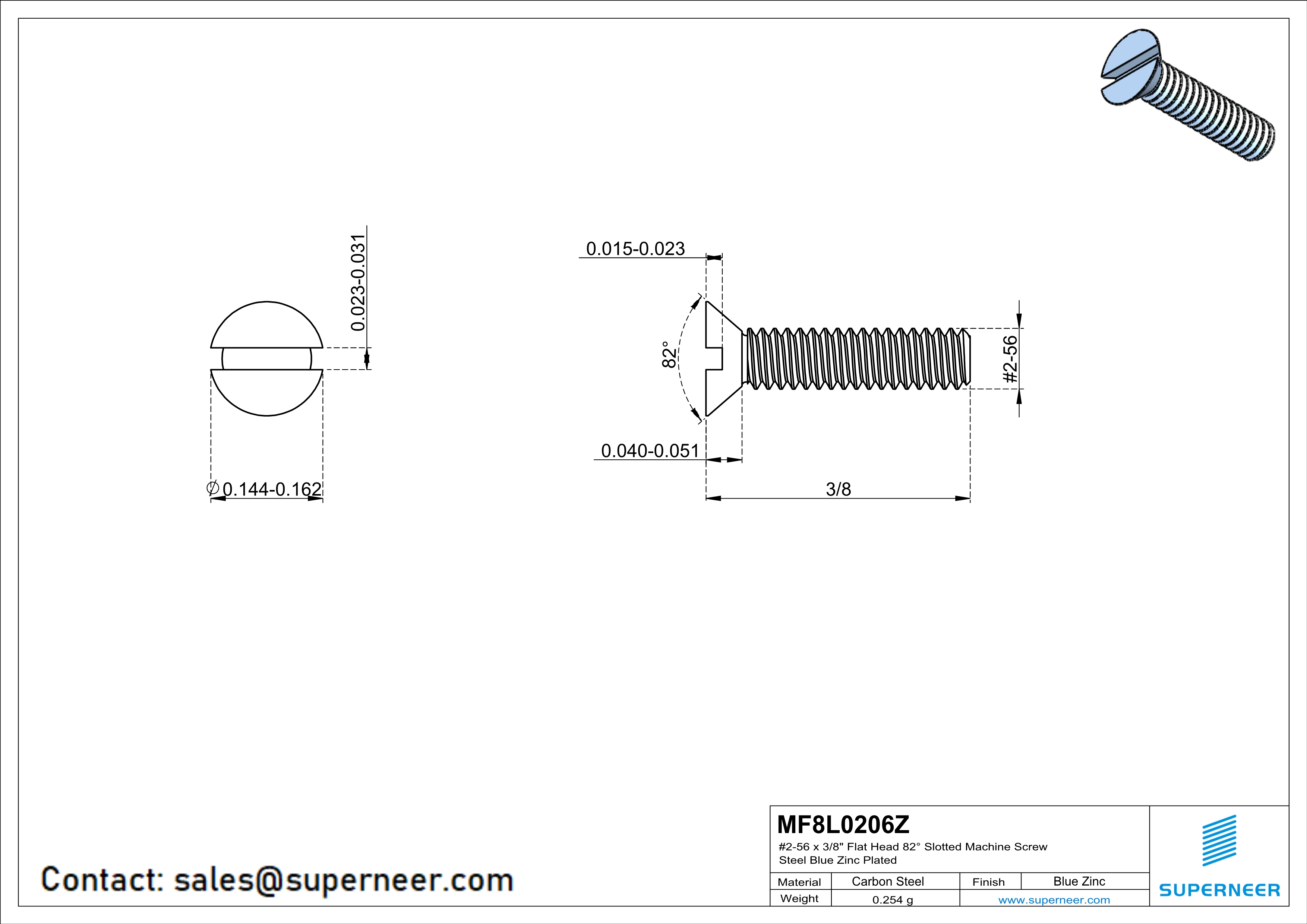 2-56 x 3/8" Flat Head 82° Slotted Machine Screw Steel Blue Zinc Plated