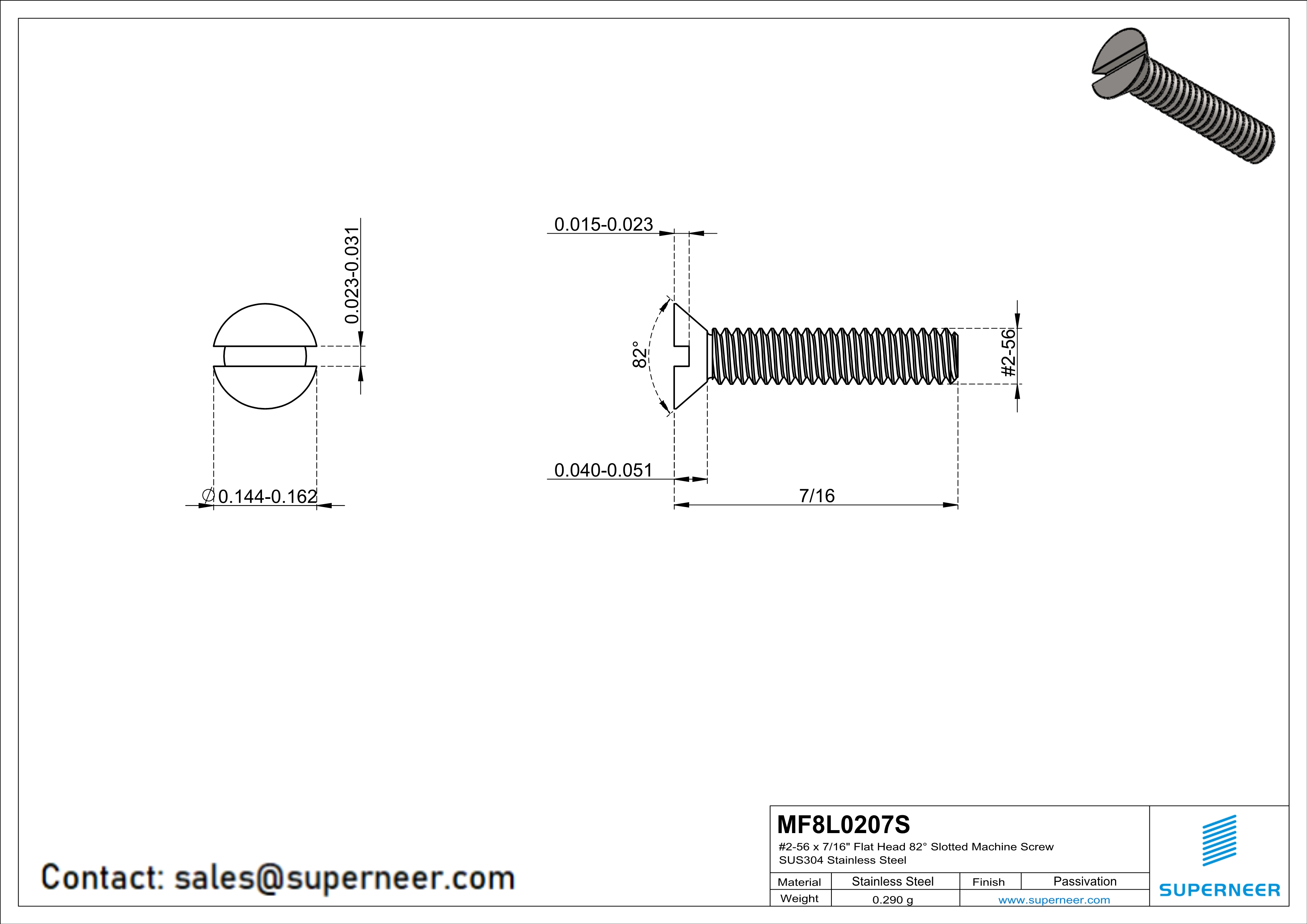 2-56 x 7/16" Flat Head 82° Slotted Machine Screw SUS304 Stainless Steel Inox