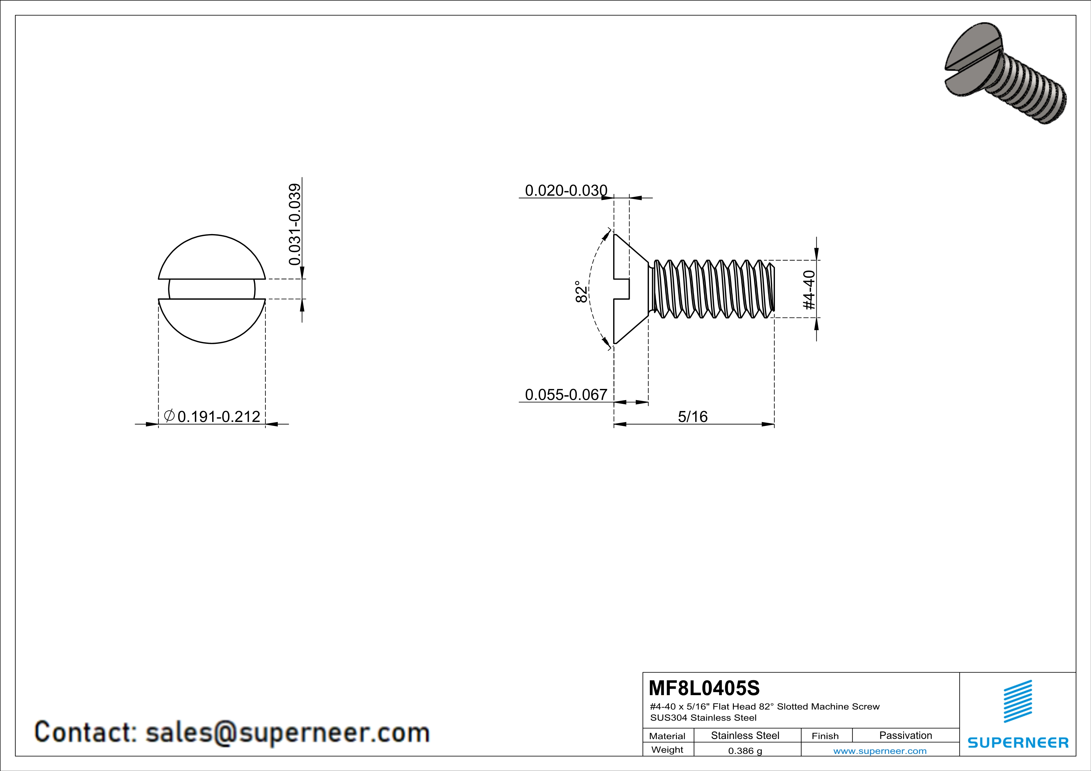 4-40 x 5/16" Flat Head 82° Slotted Machine Screw SUS304 Stainless Steel Inox