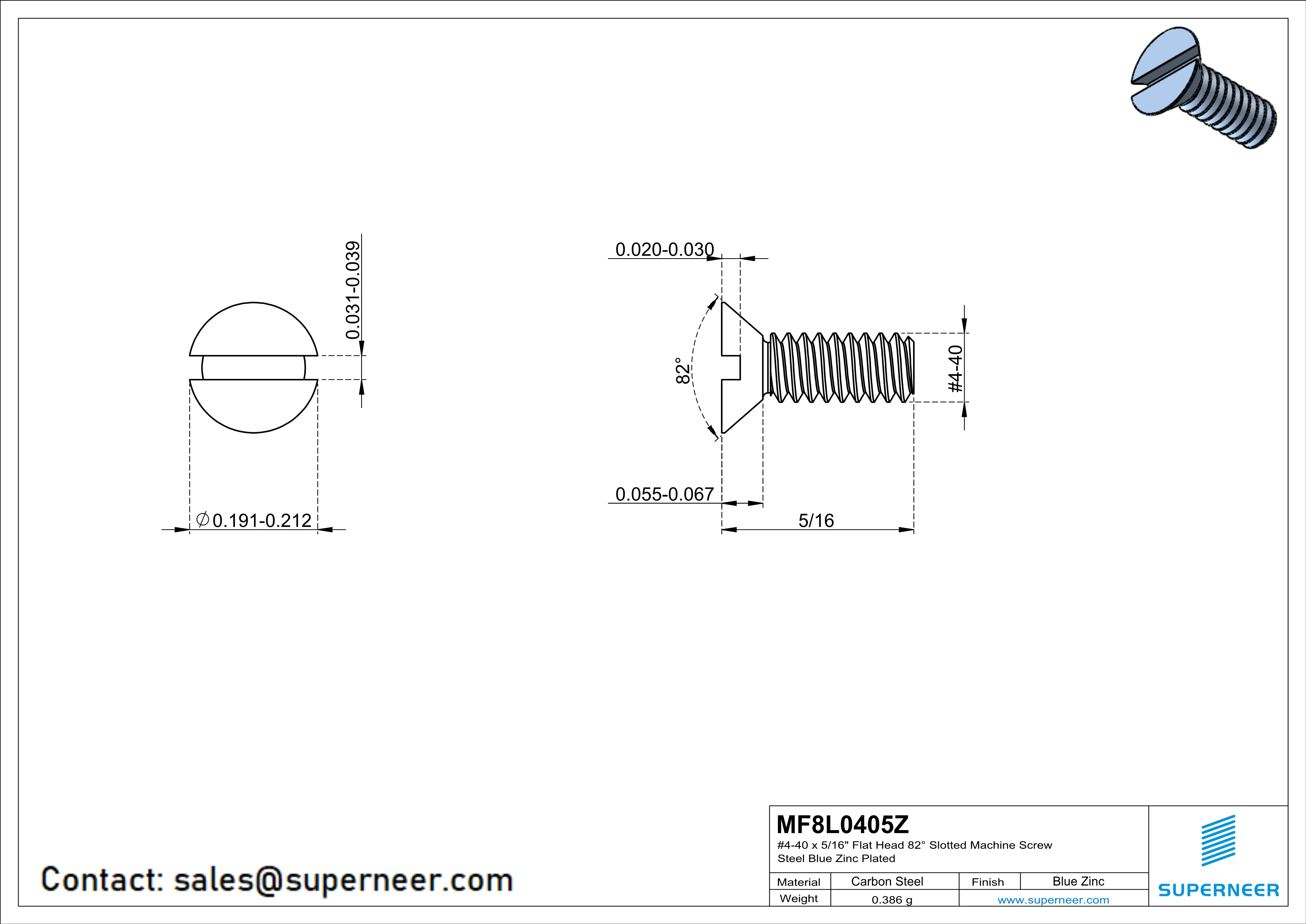 4-40 x 5/16" Flat Head 82° Slotted Machine Screw Steel Blue Zinc Plated