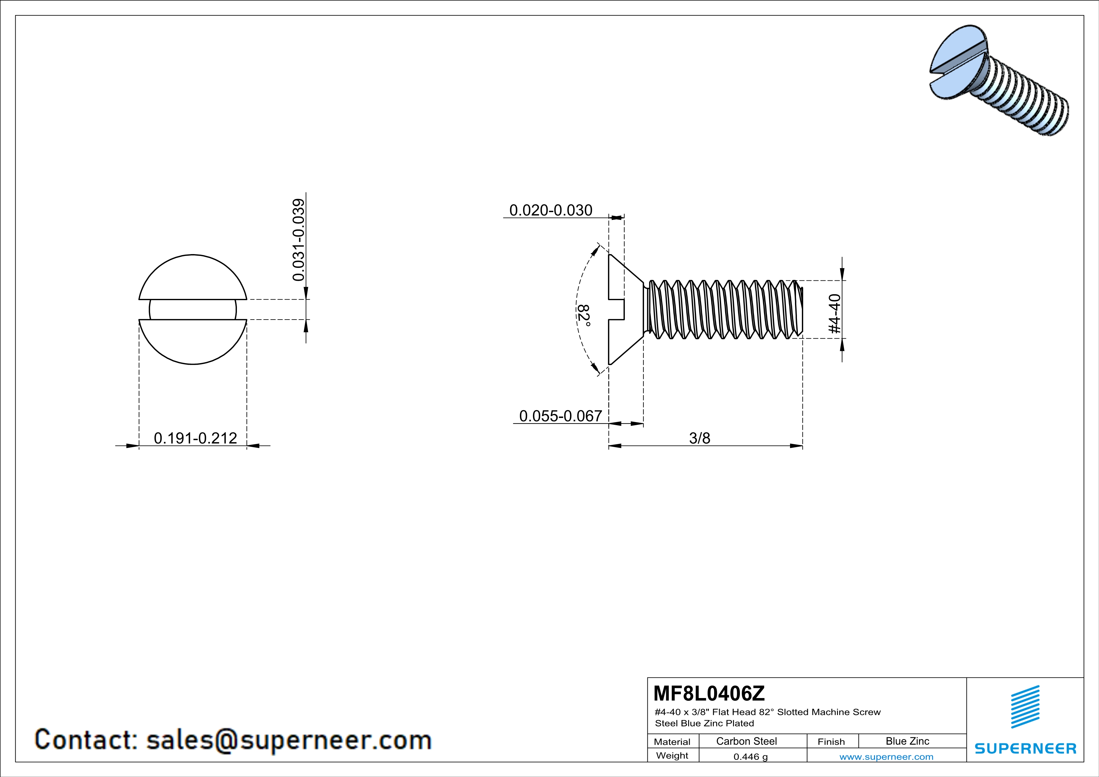 4-40 x 3/8" Flat Head 82° Slotted Machine Screw Steel Blue Zinc Plated