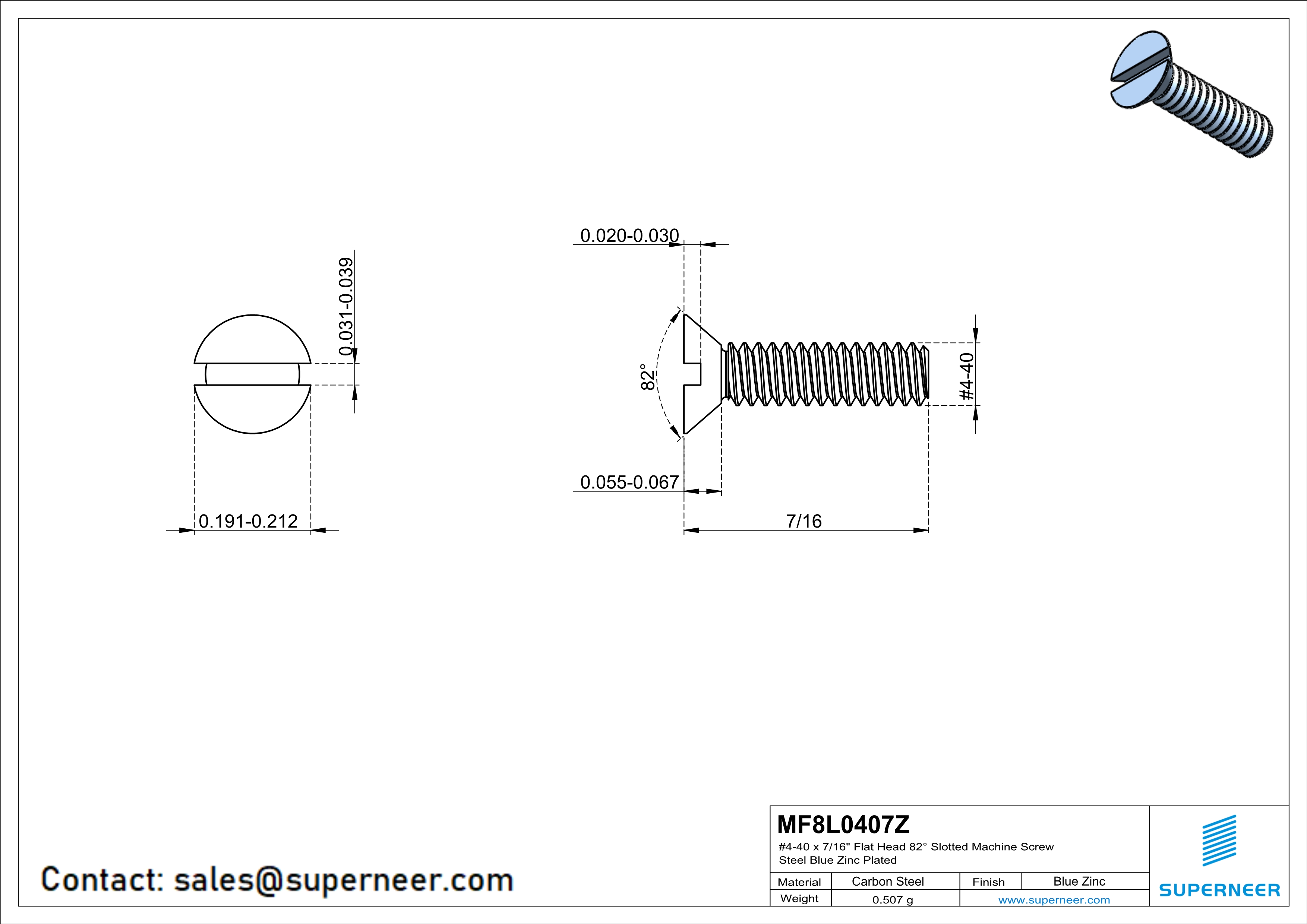 4-40 x 7/16" Flat Head 82° Slotted Machine Screw Steel Blue Zinc Plated