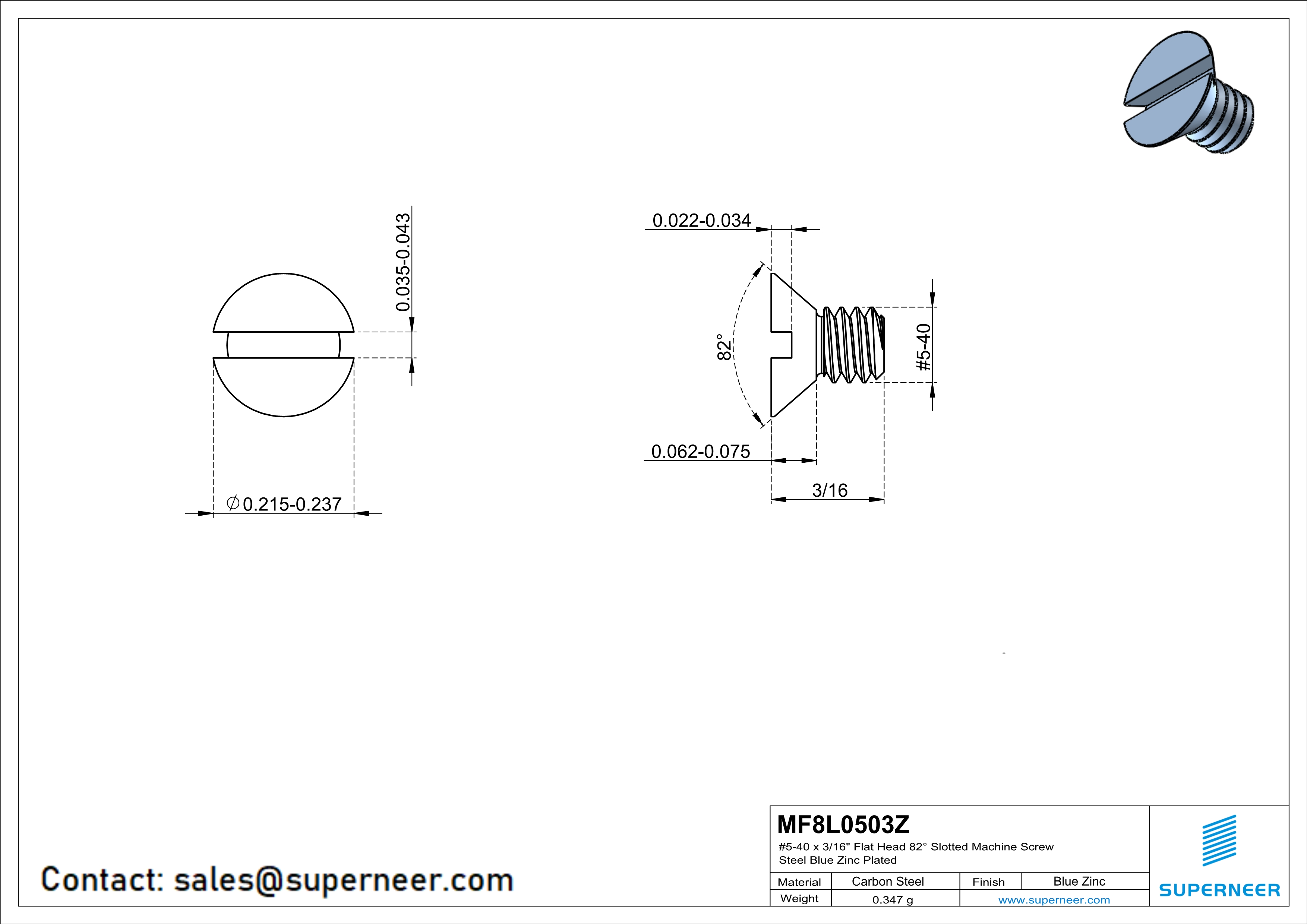 5-40 x 3/16" Flat Head 82° Slotted Machine Screw Steel Blue Zinc Plated