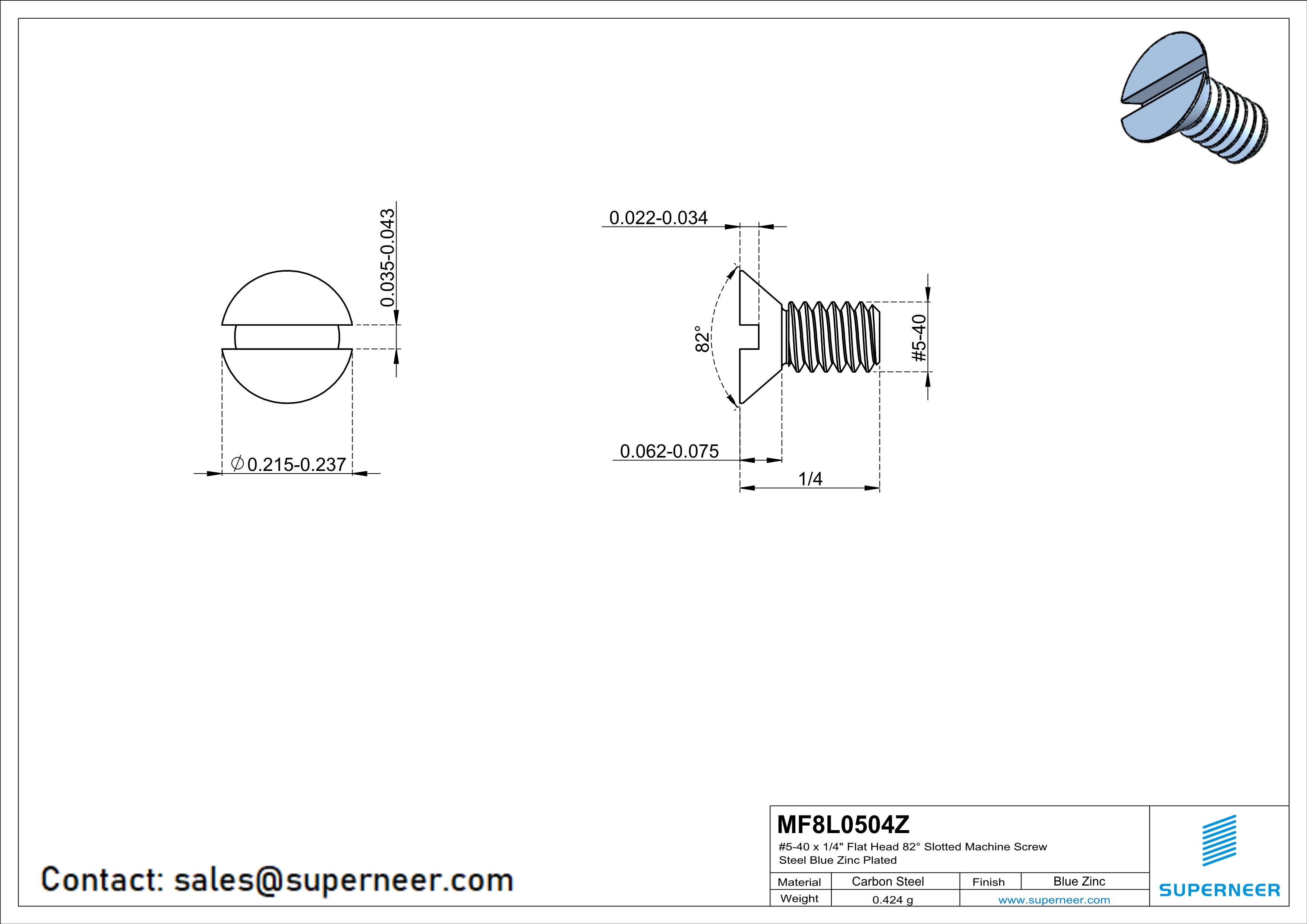 5-40 x 1/4" Flat Head 82° Slotted Machine Screw Steel Blue Zinc Plated