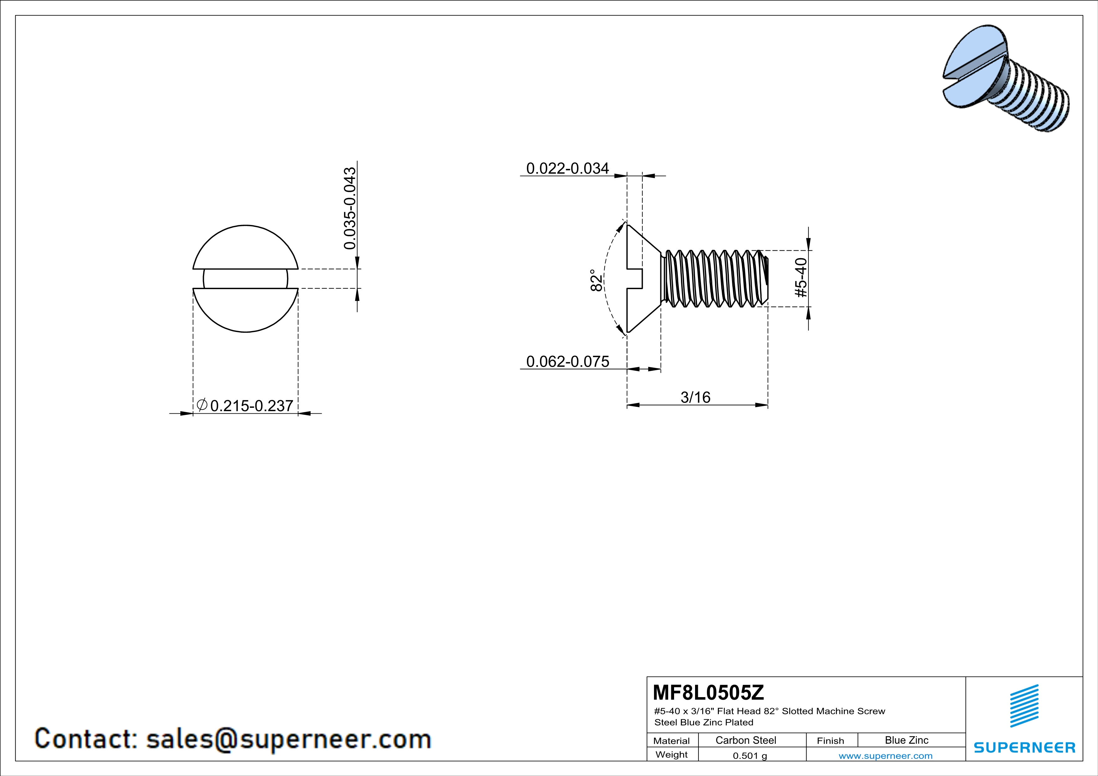5-40 x 5/16" Flat Head 82° Slotted Machine Screw Steel Blue Zinc Plated