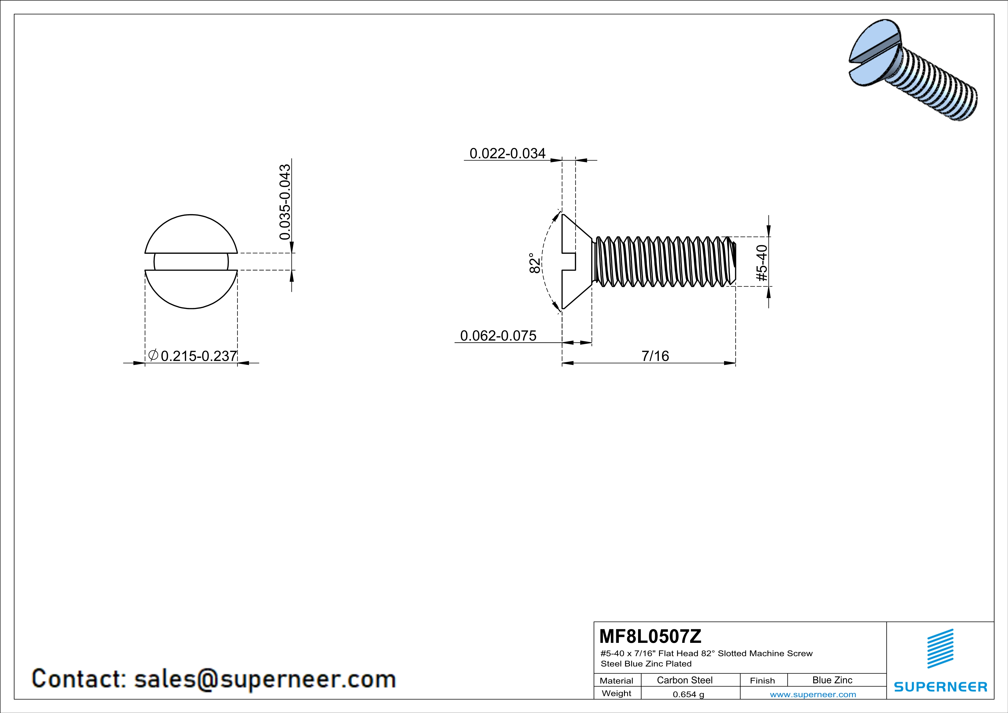 5-40 x 7/16" Flat Head 82° Slotted Machine Screw Steel Blue Zinc Plated