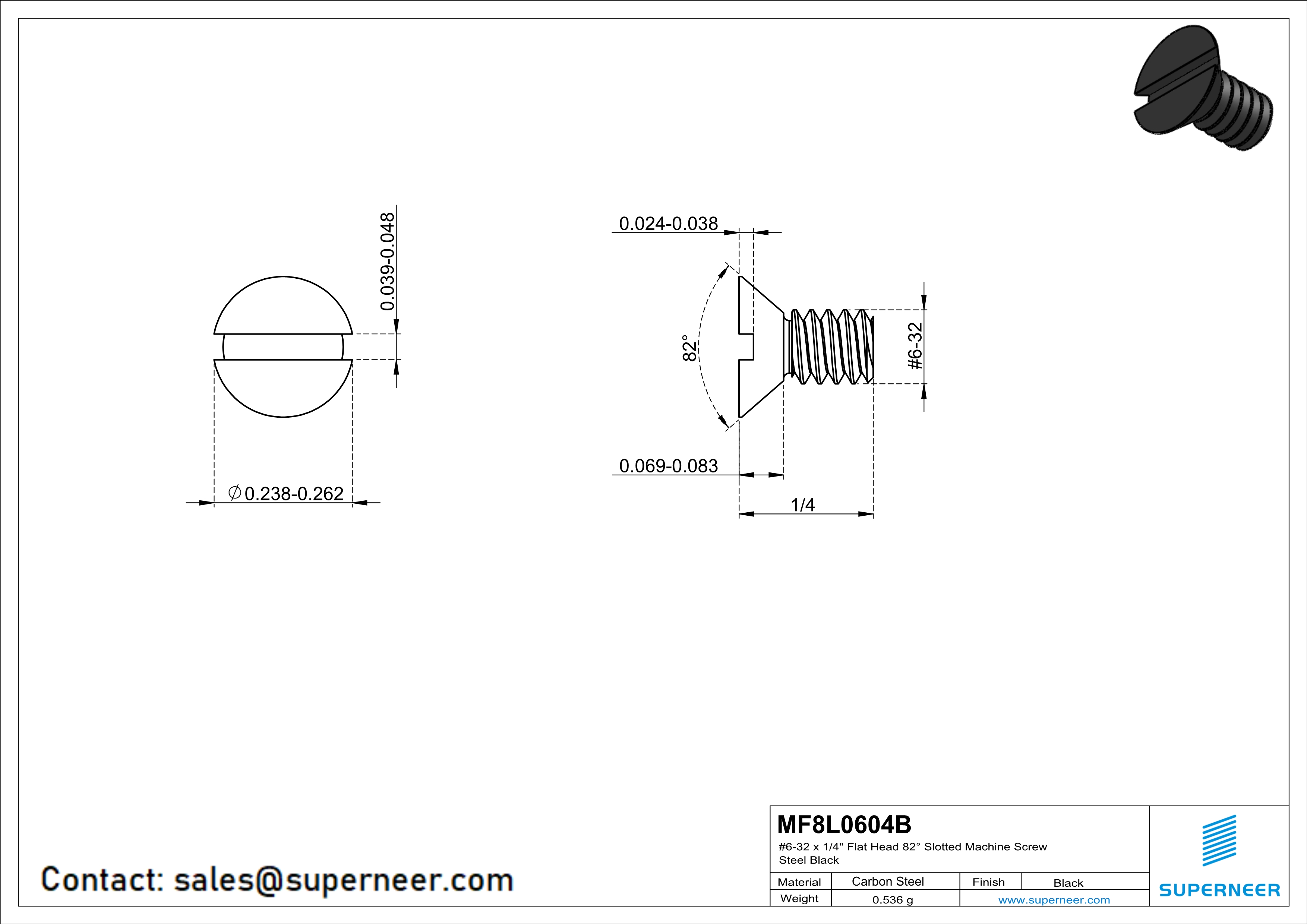 6-32 x 1/4" Flat Head 82° Slotted Machine Screw Steel Black