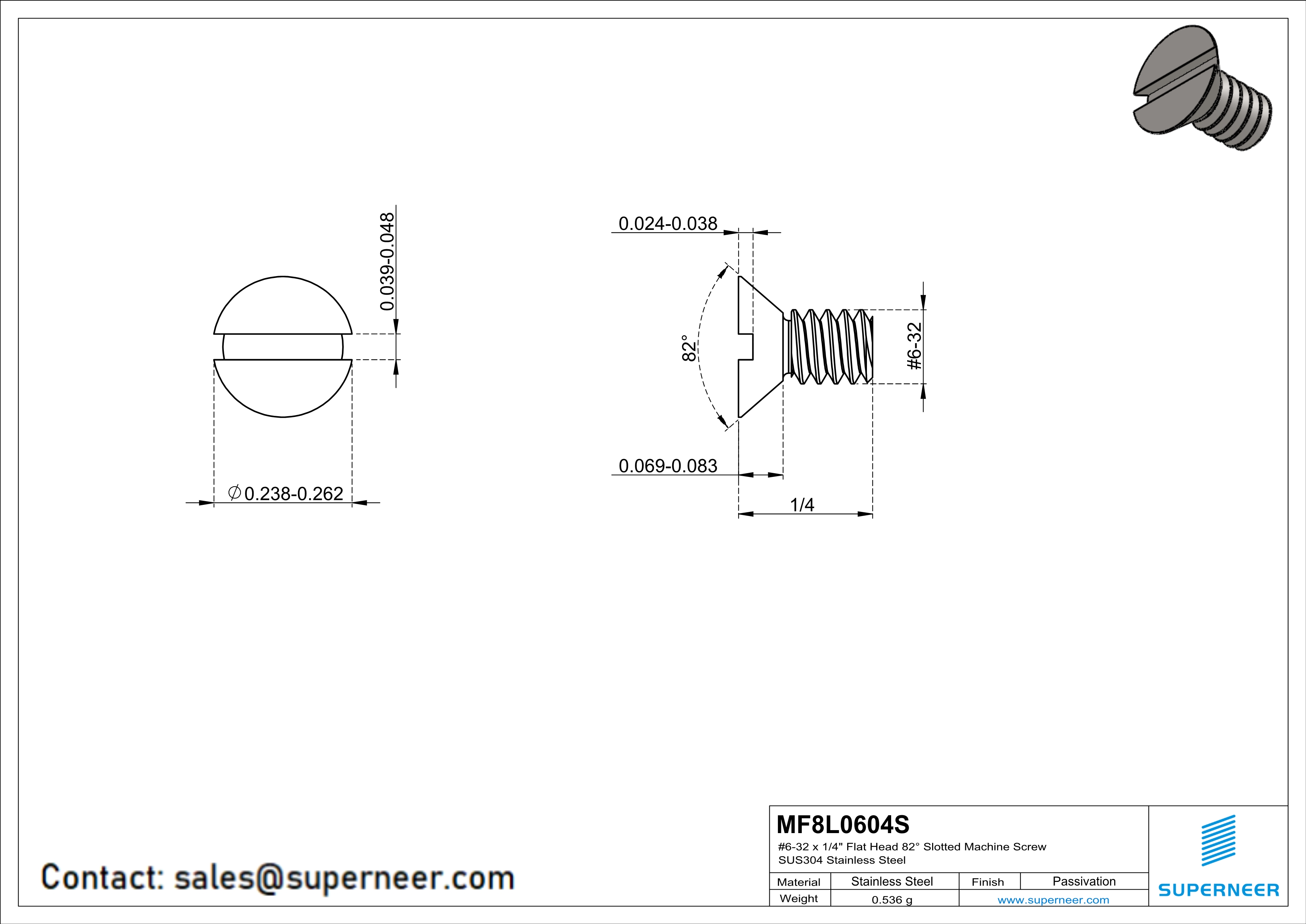 6-32 x 1/4" Flat Head 82° Slotted Machine Screw SUS304 Stainless Steel Inox