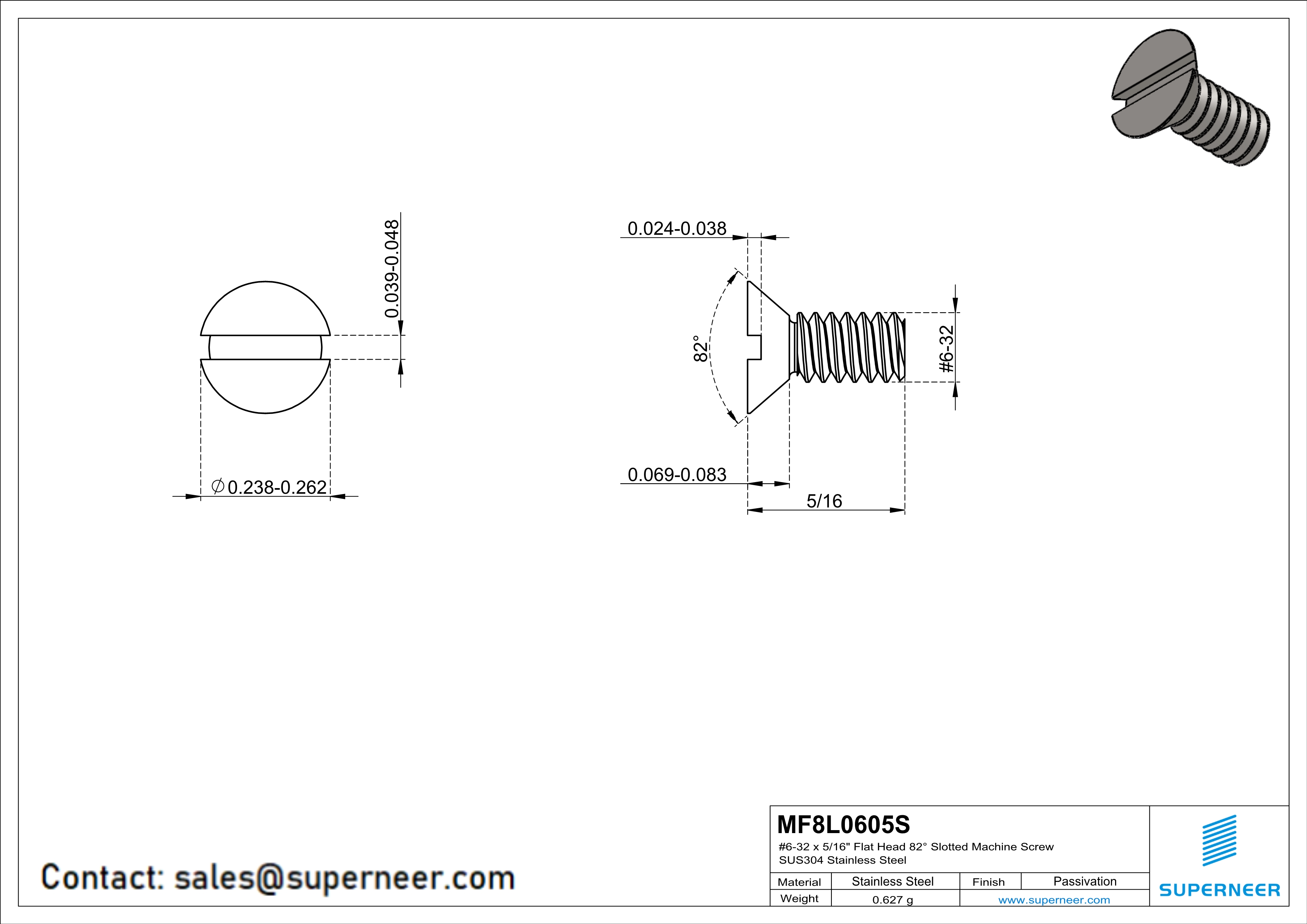 6-32 x 5/16" Flat Head 82° Slotted Machine Screw SUS304 Stainless Steel Inox