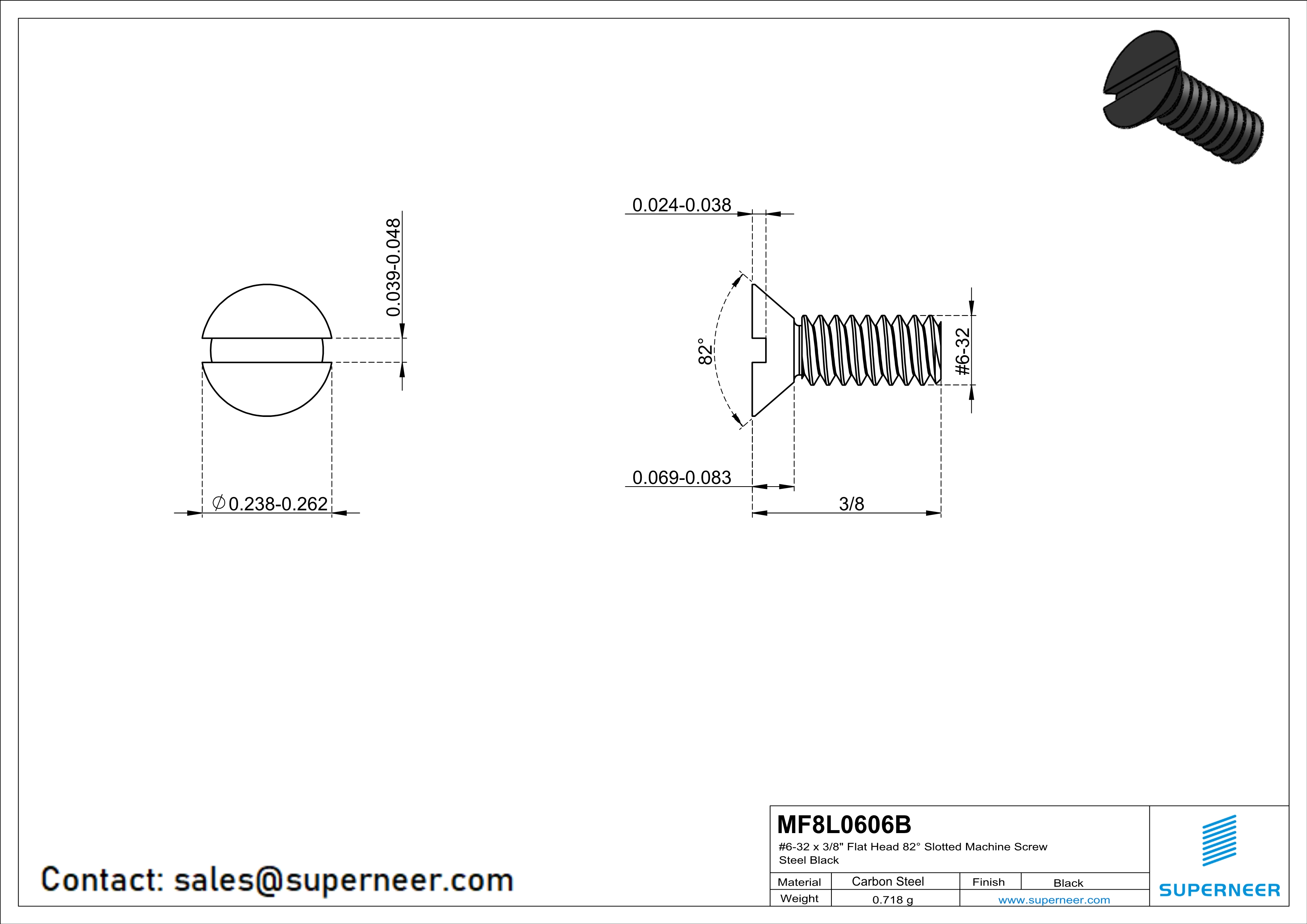6-32 x 3/8" Flat Head 82° Slotted Machine Screw Steel Black
