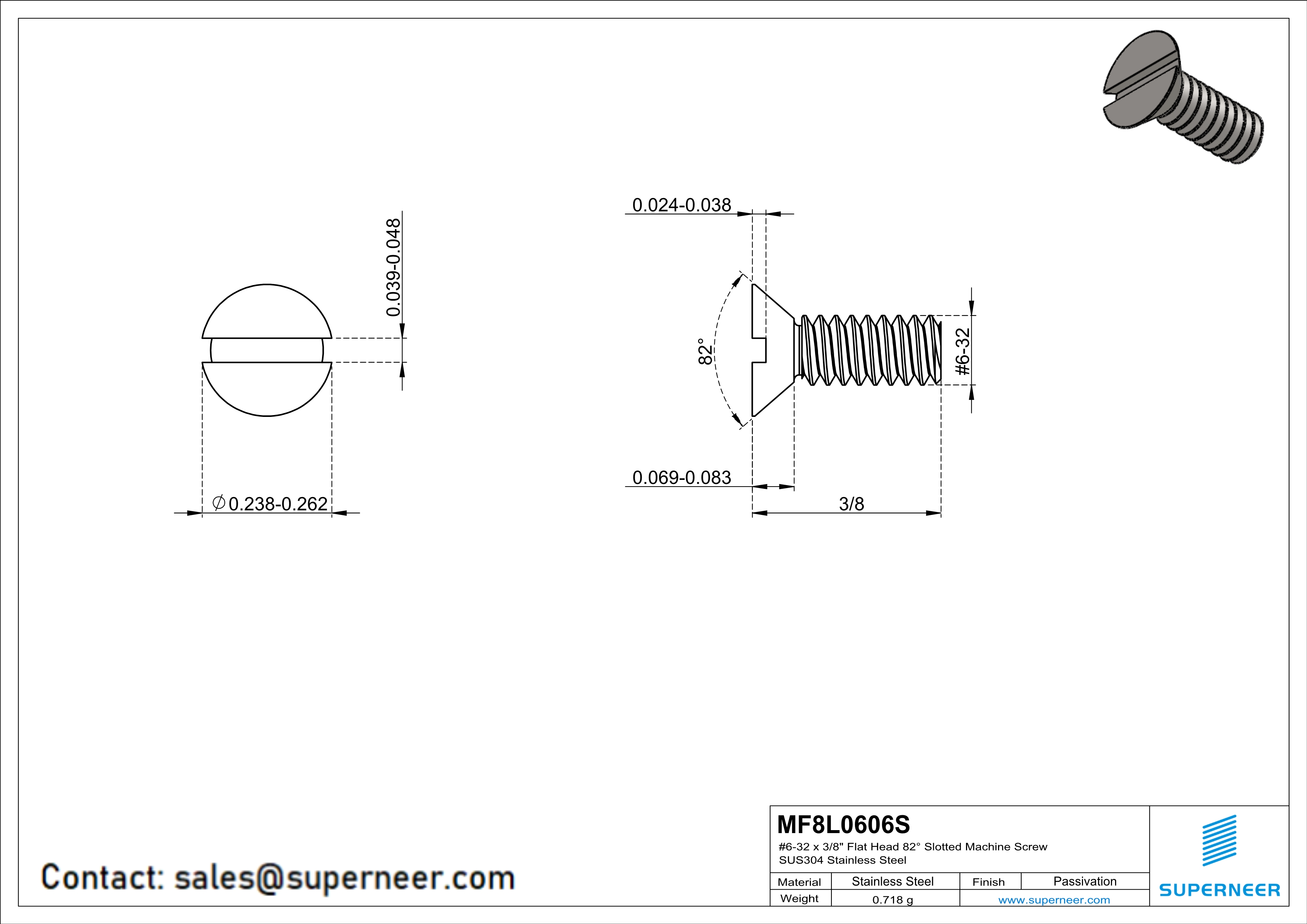 6-32 x 3/8" Flat Head 82° Slotted Machine Screw SUS304 Stainless Steel Inox