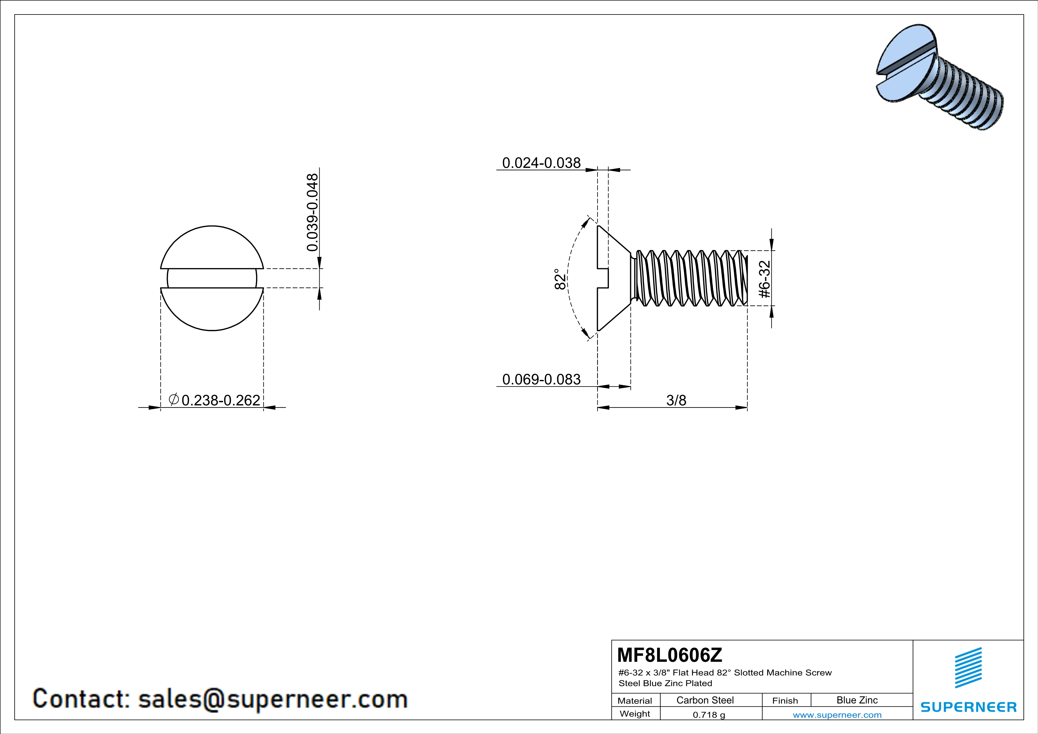 6-32 x 3/8" Flat Head 82° Slotted Machine Screw Steel Blue Zinc Plated