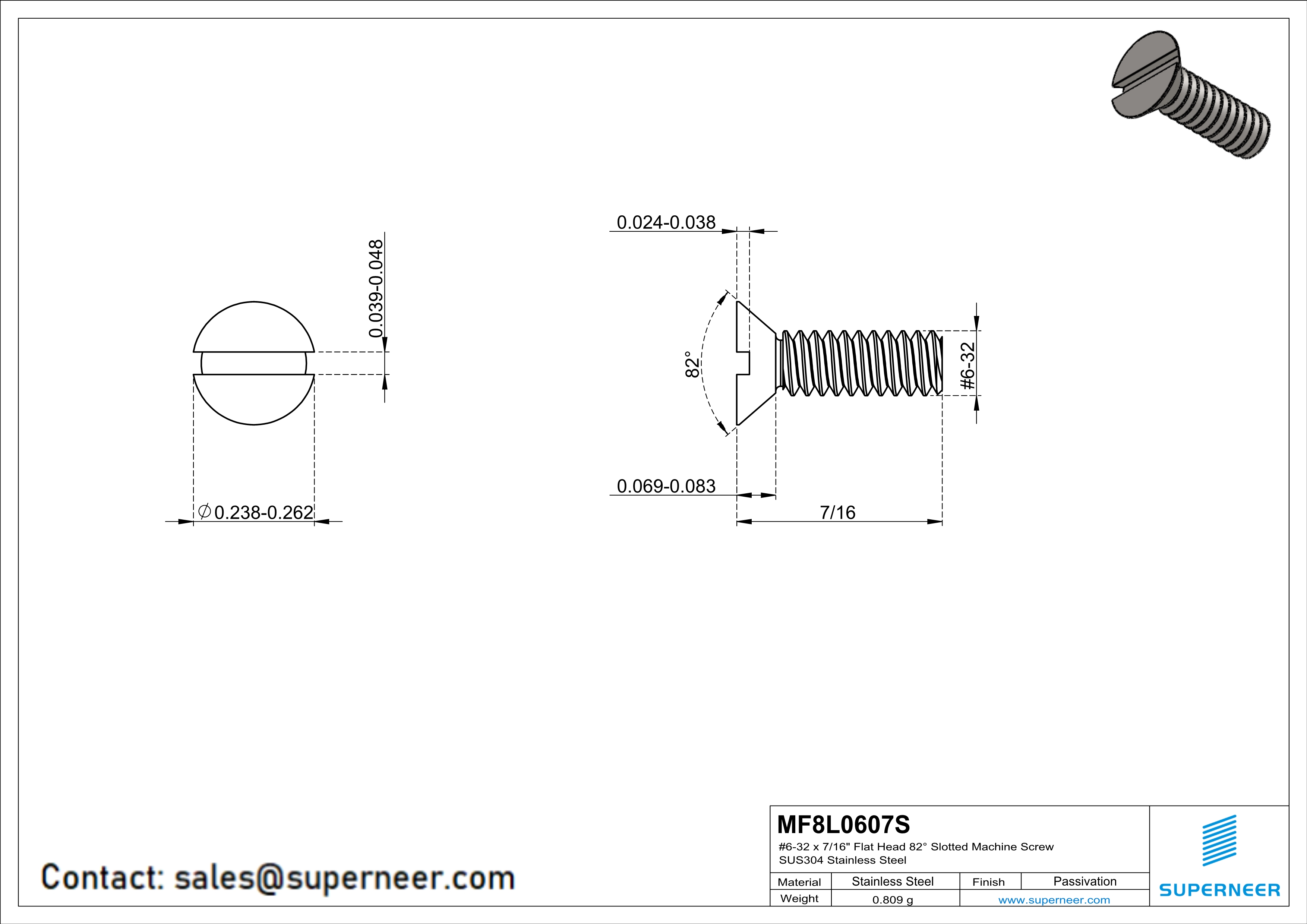 6-32 x 7/16" Flat Head 82° Slotted Machine Screw SUS304 Stainless Steel Inox