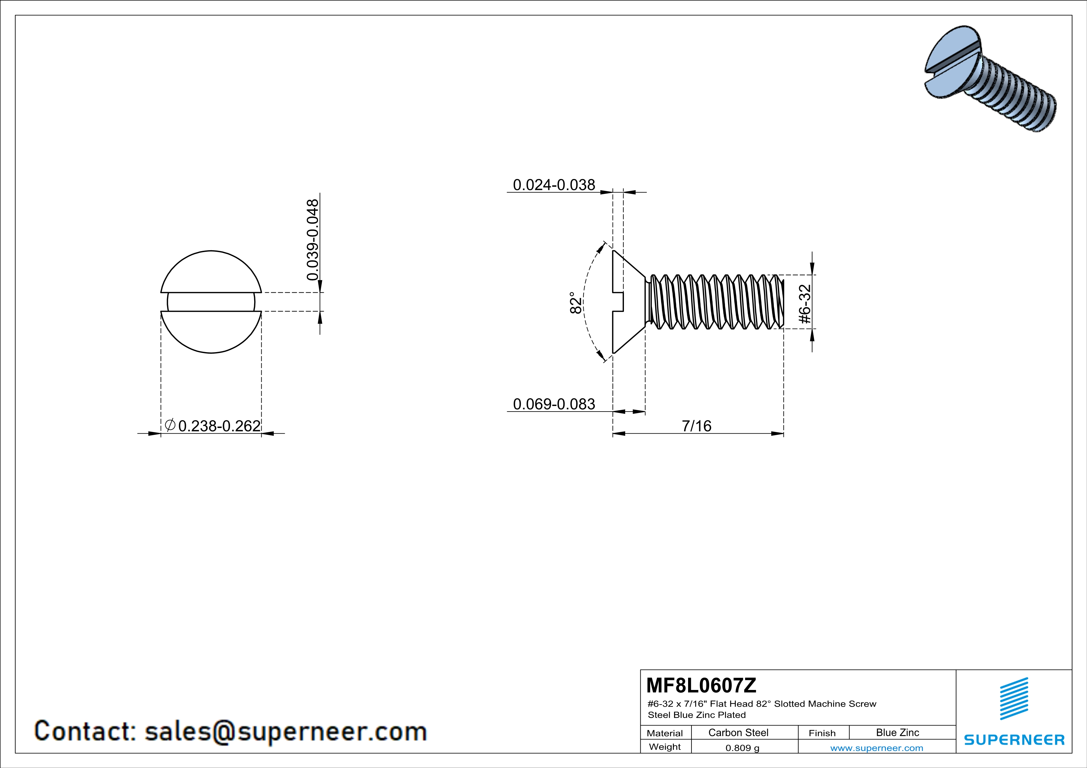 6-32 x 7/16" Flat Head 82° Slotted Machine Screw Steel Blue Zinc Plated