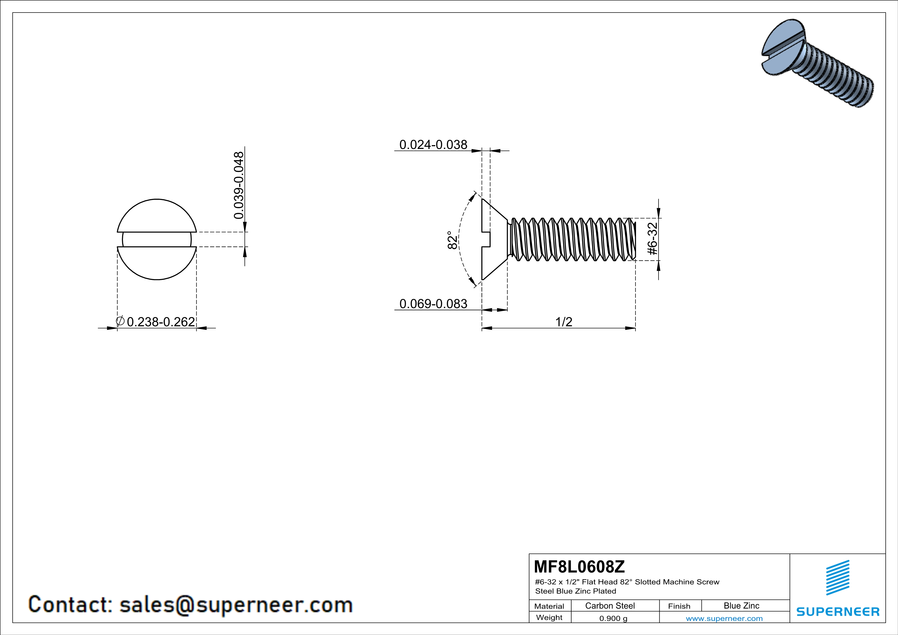 6-32 x 1/2" Flat Head 82° Slotted Machine Screw Steel Blue Zinc Plated