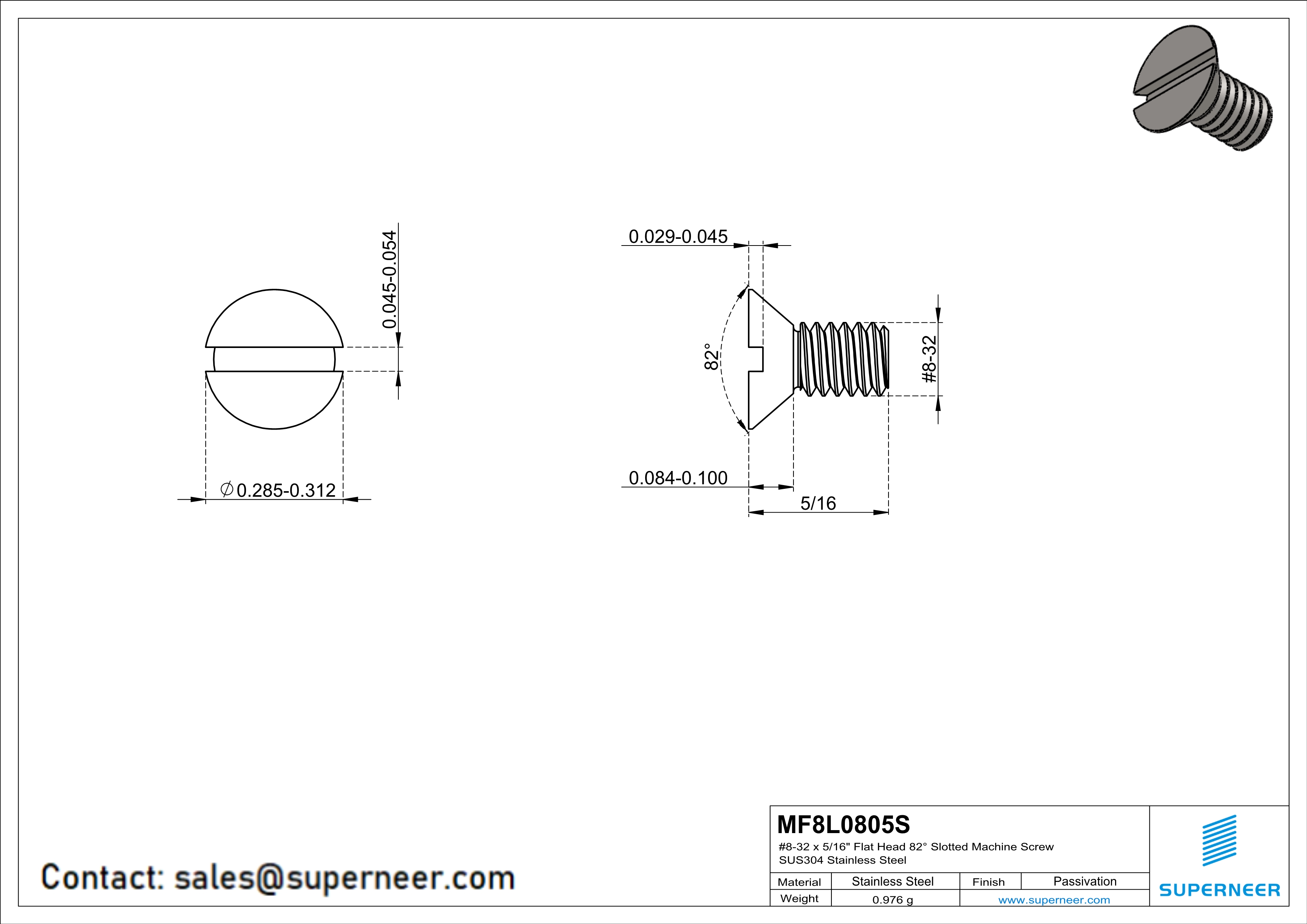 8-32 x 5/16" Flat Head 82° Slotted Machine Screw SUS304 Stainless Steel Inox