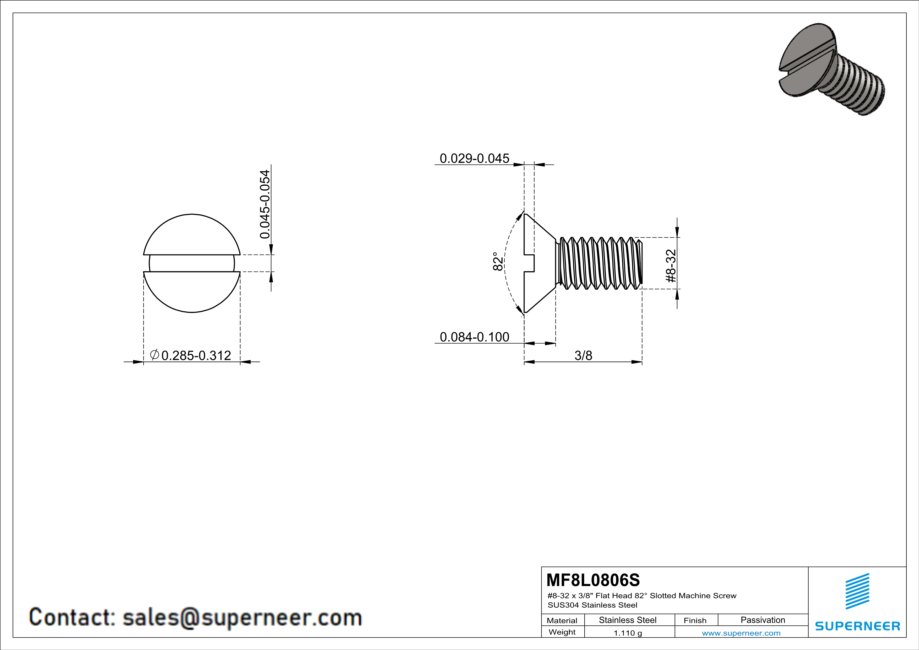 8-32 x 3/8" Flat Head 82° Slotted Machine Screw SUS304 Stainless Steel Inox