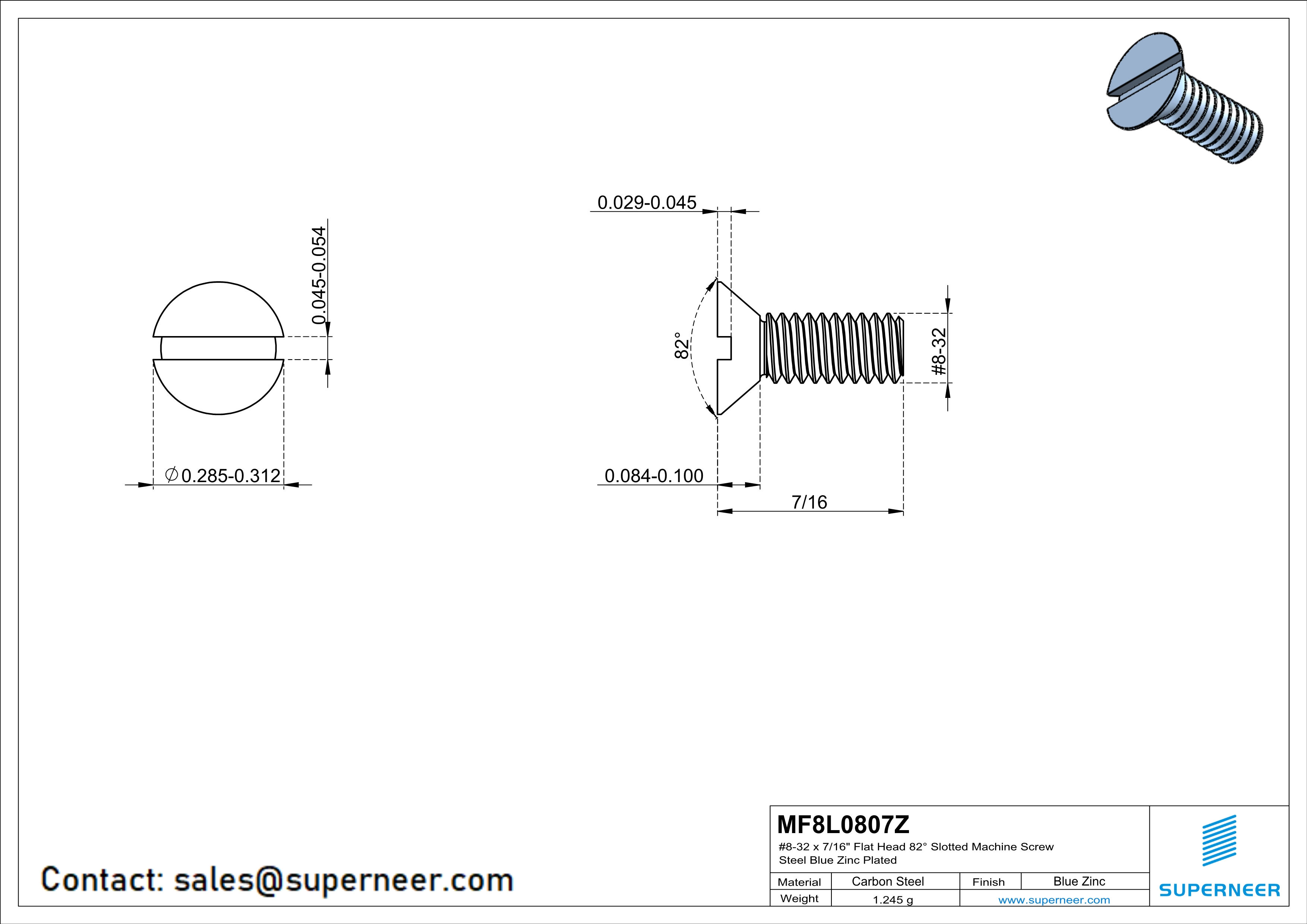 8-32 x 7/16" Flat Head 82° Slotted Machine Screw Steel Blue Zinc Plated