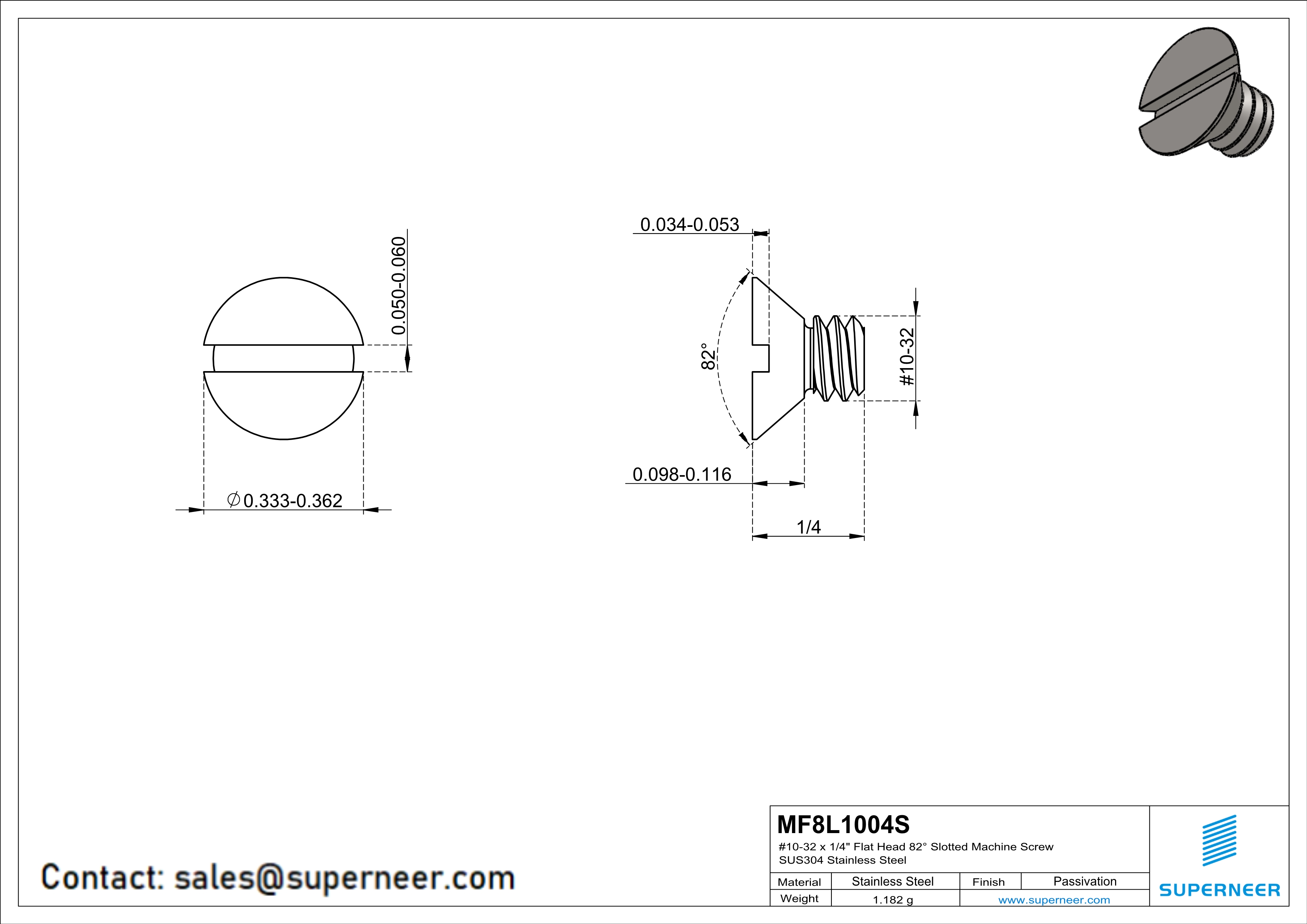 10-32 x 1/4" Flat Head 82° Slotted Machine Screw SUS304 Stainless Steel Inox