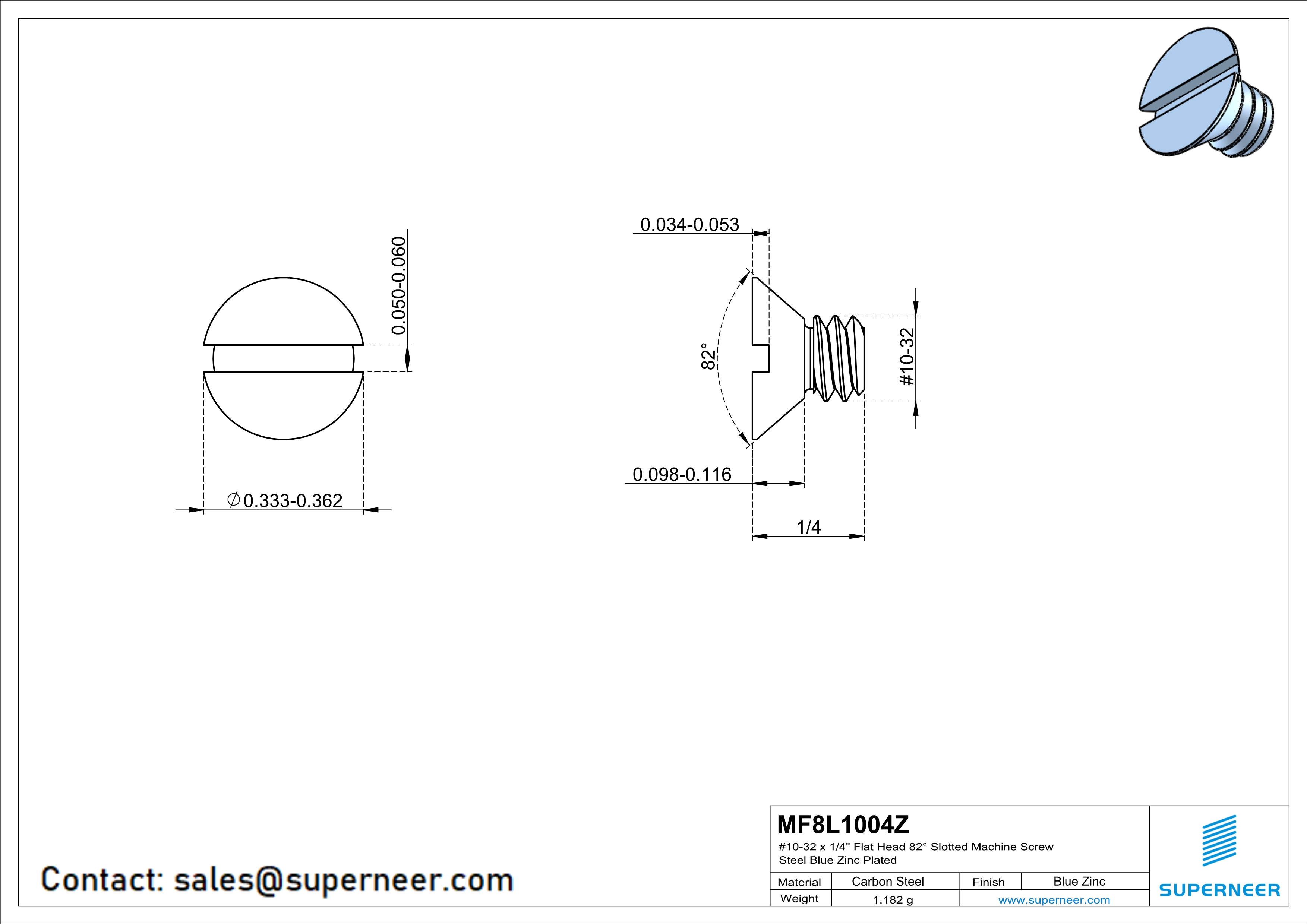 10-32 x 1/4" Flat Head 82° Slotted Machine Screw Steel Blue Zinc Plated