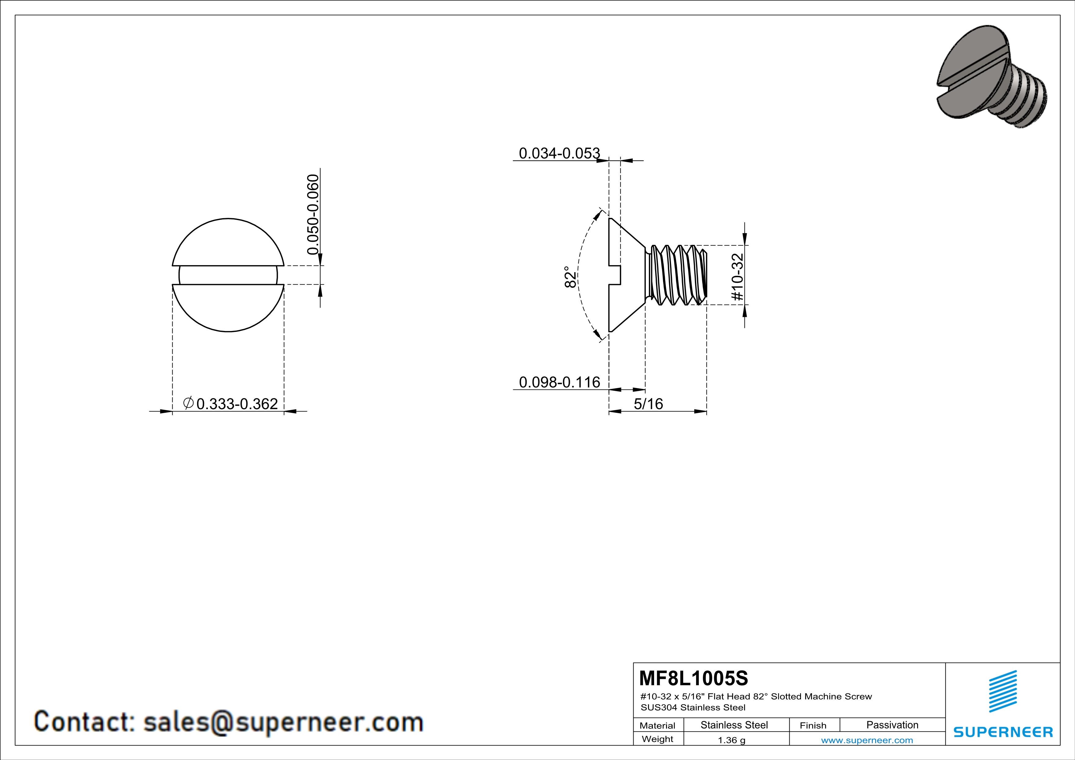 10-32 x 5/16" Flat Head 82° Slotted Machine Screw SUS304 Stainless Steel Inox