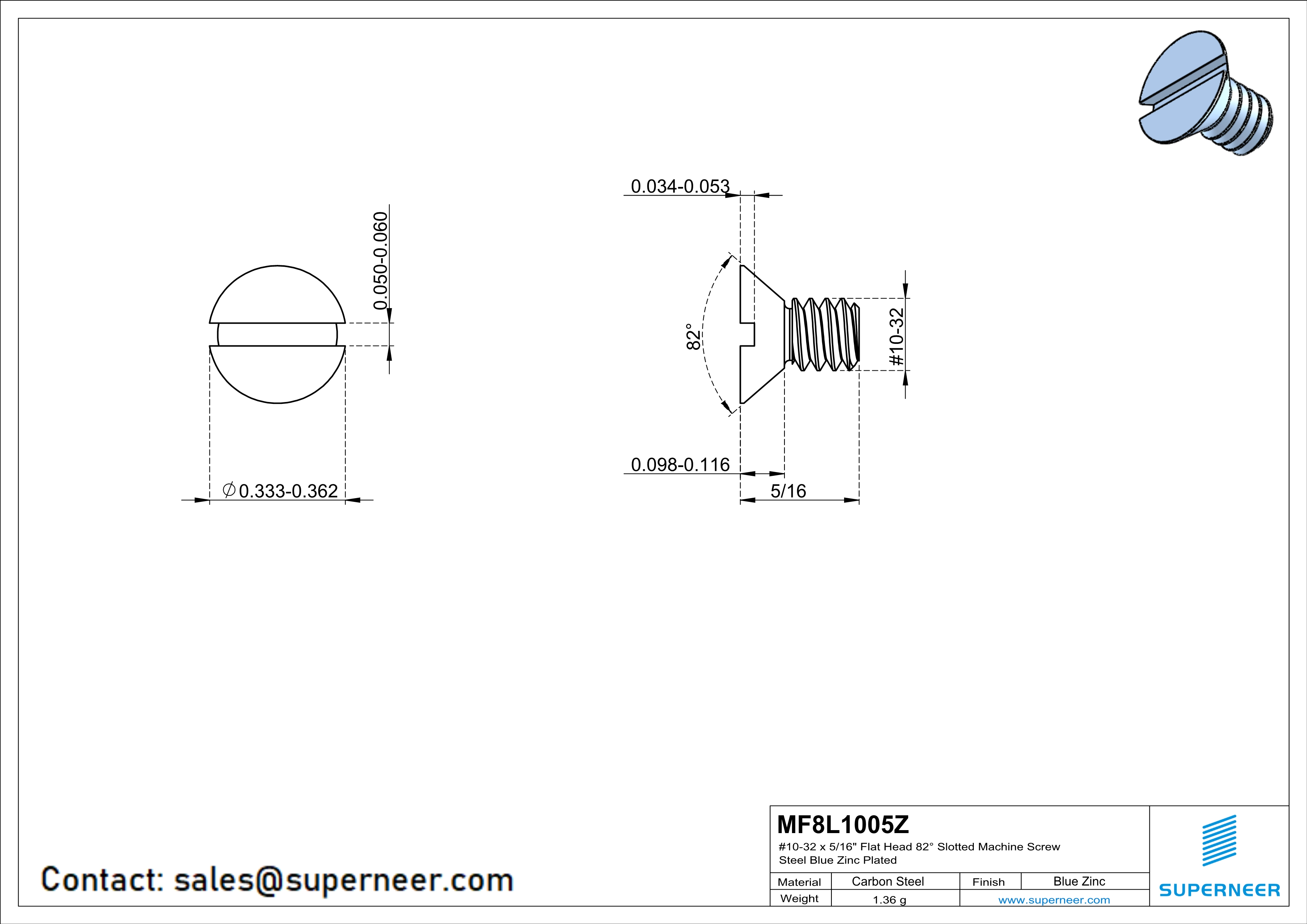 10-32 x 5/16" Flat Head 82° Slotted Machine Screw Steel Blue Zinc Plated