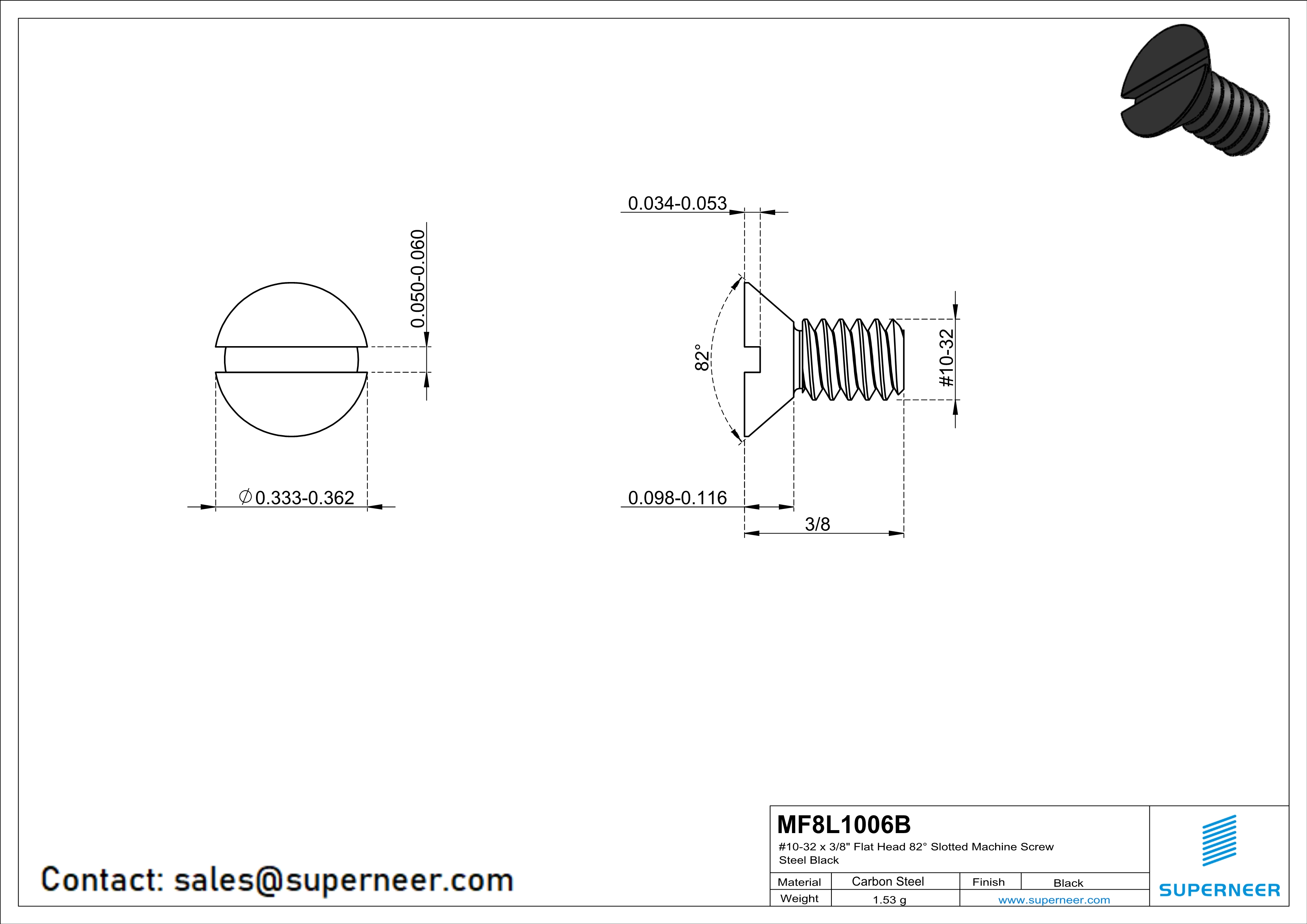 10-32 x 3/8" Flat Head 82° Slotted Machine Screw Steel Black