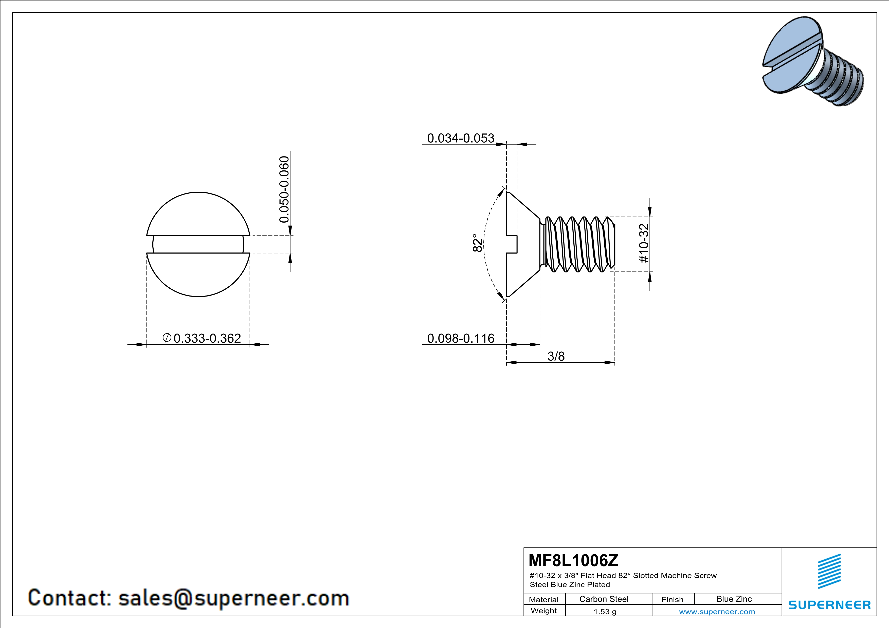 10-32 x 3/8" Flat Head 82° Slotted Machine Screw Steel Blue Zinc Plated