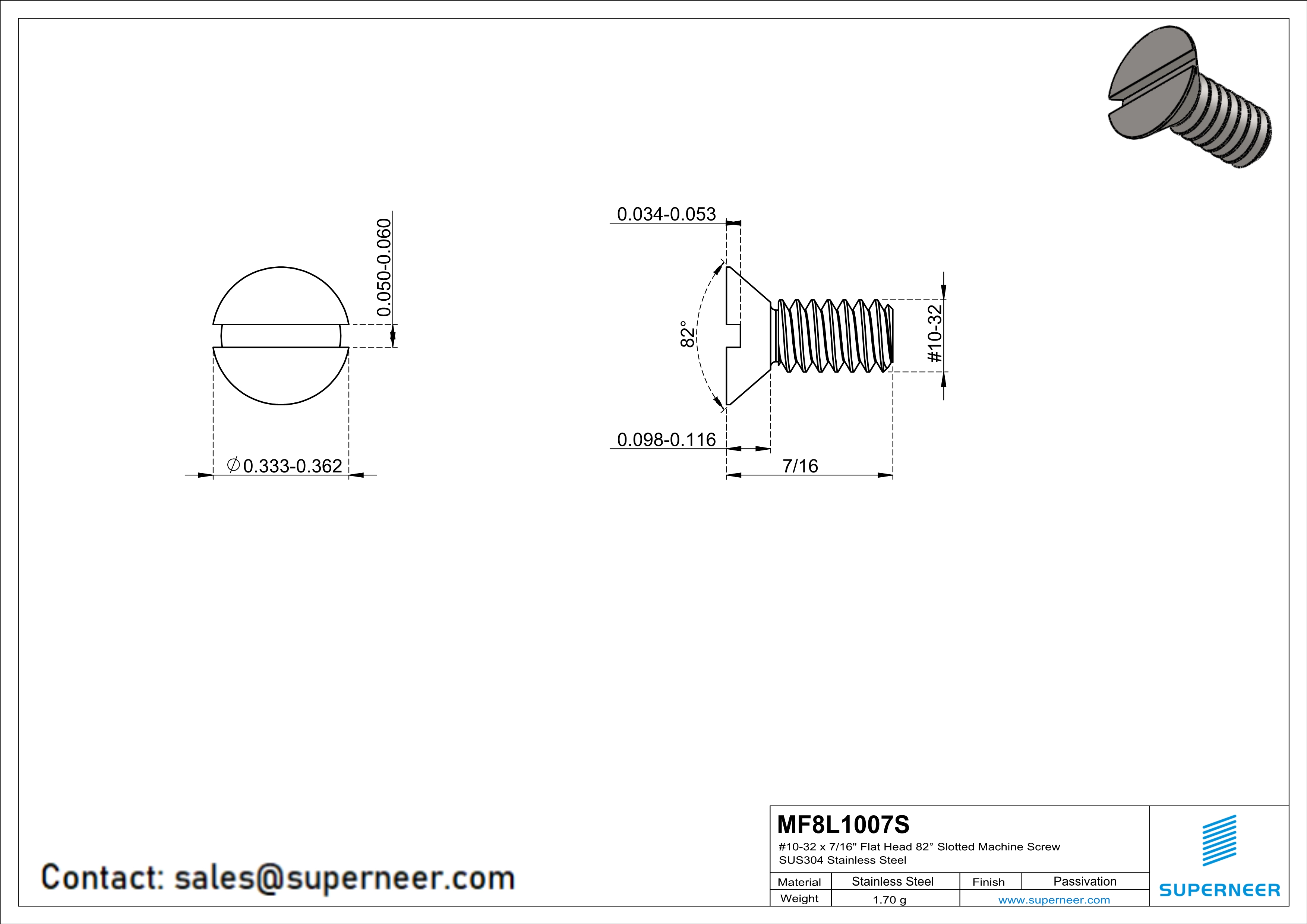 10-32 x 7/16" Flat Head 82° Slotted Machine Screw SUS304 Stainless Steel Inox