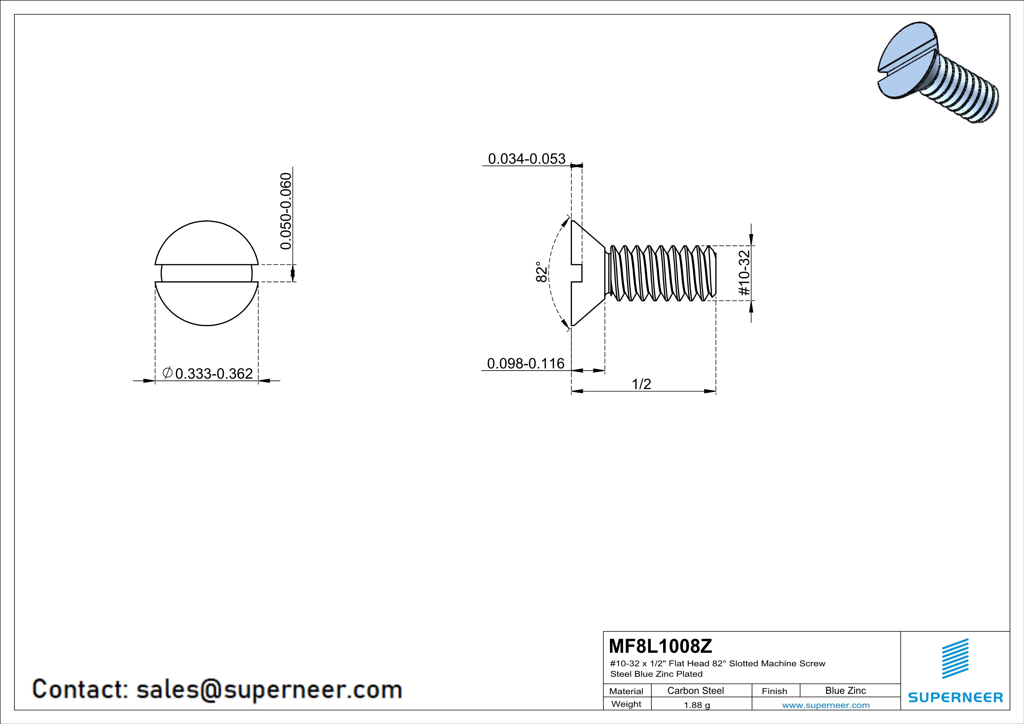 10-32 x 1/2" Flat Head 82° Slotted Machine Screw Steel Blue Zinc Plated