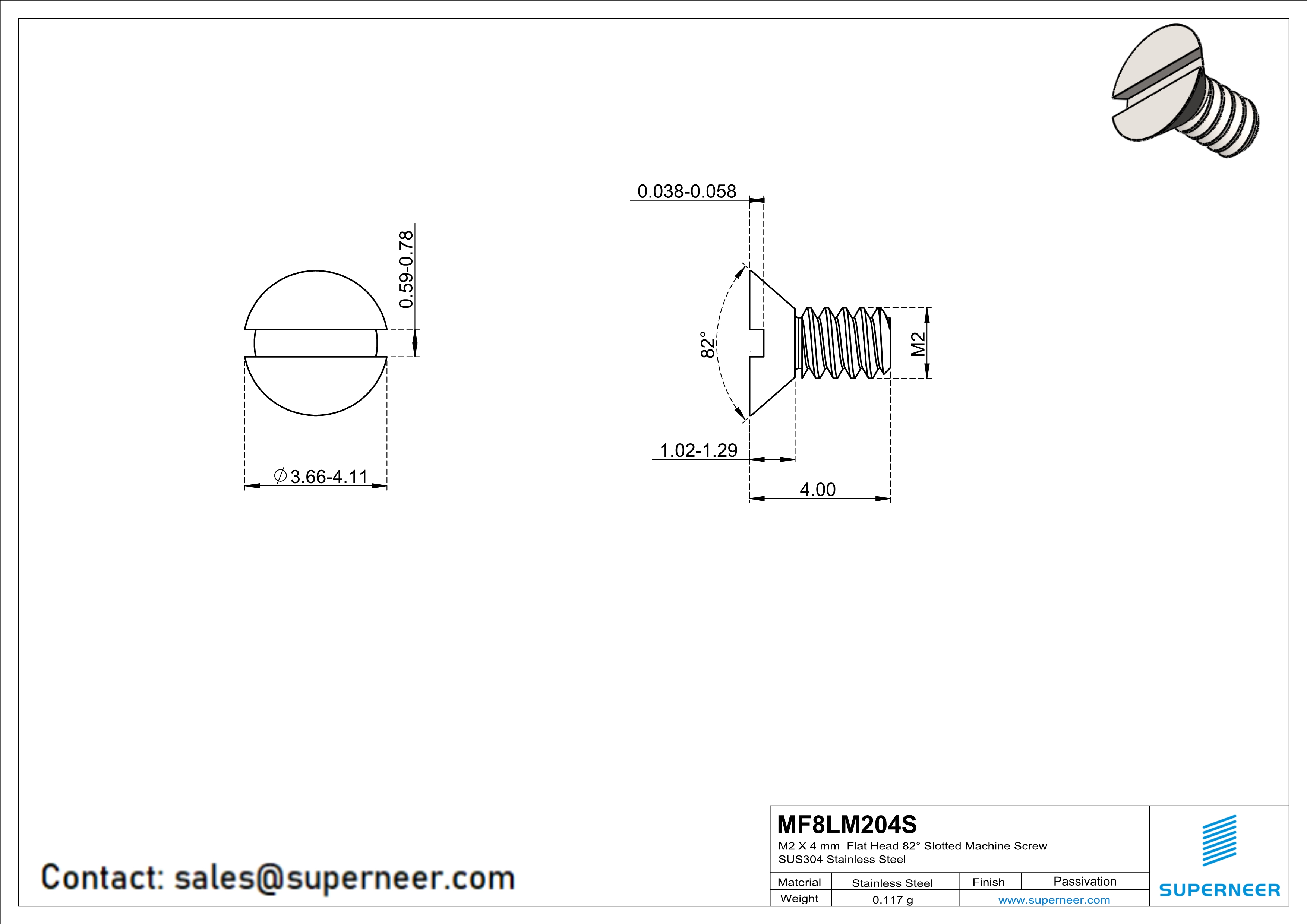 M2 x 4 mm  Flat Head 82° Slotted Machine Screw SUS304 Stainless Steel Inox