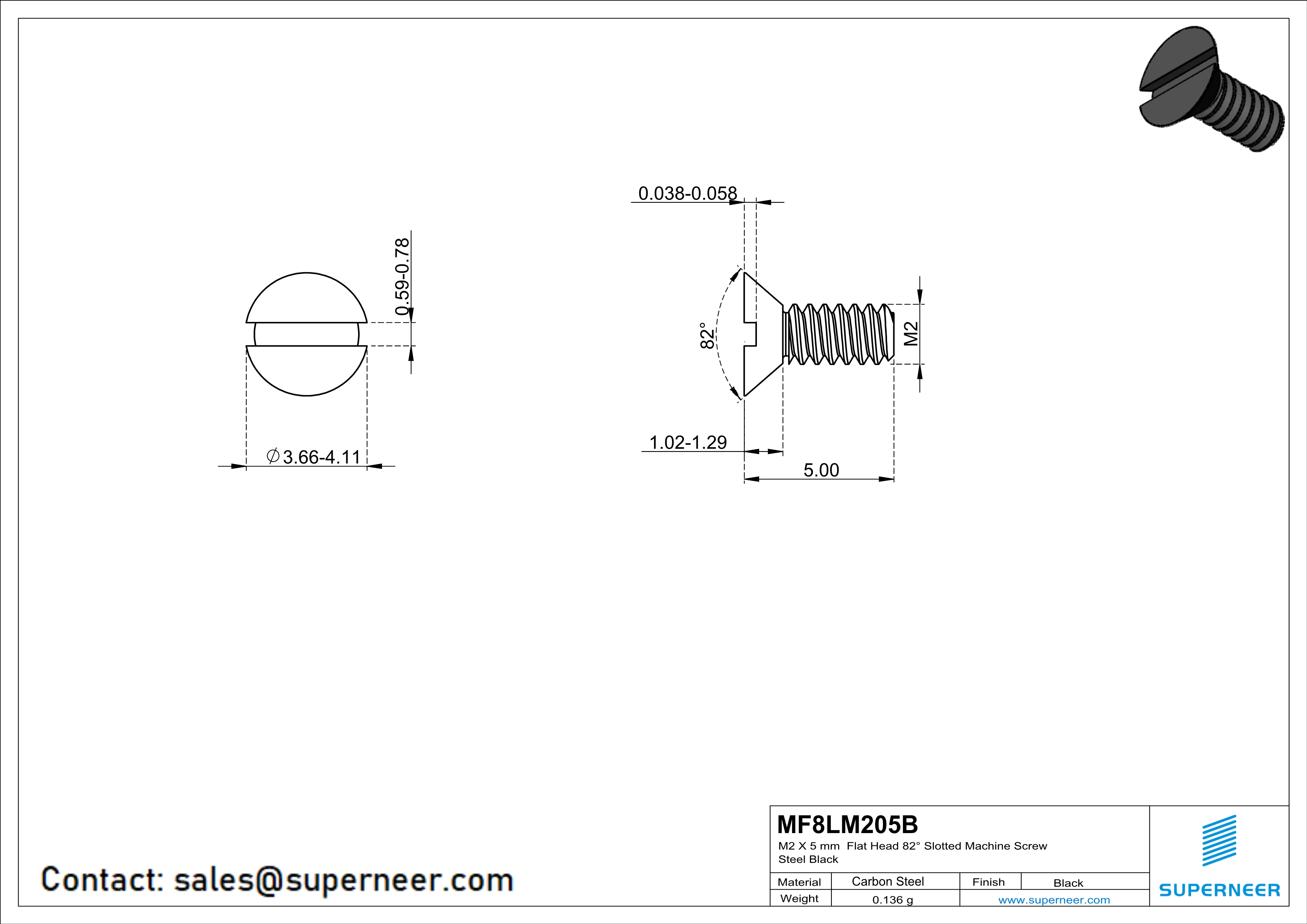 M2 x 5 mm Flat Head 82° Slotted Machine Screw Steel Black