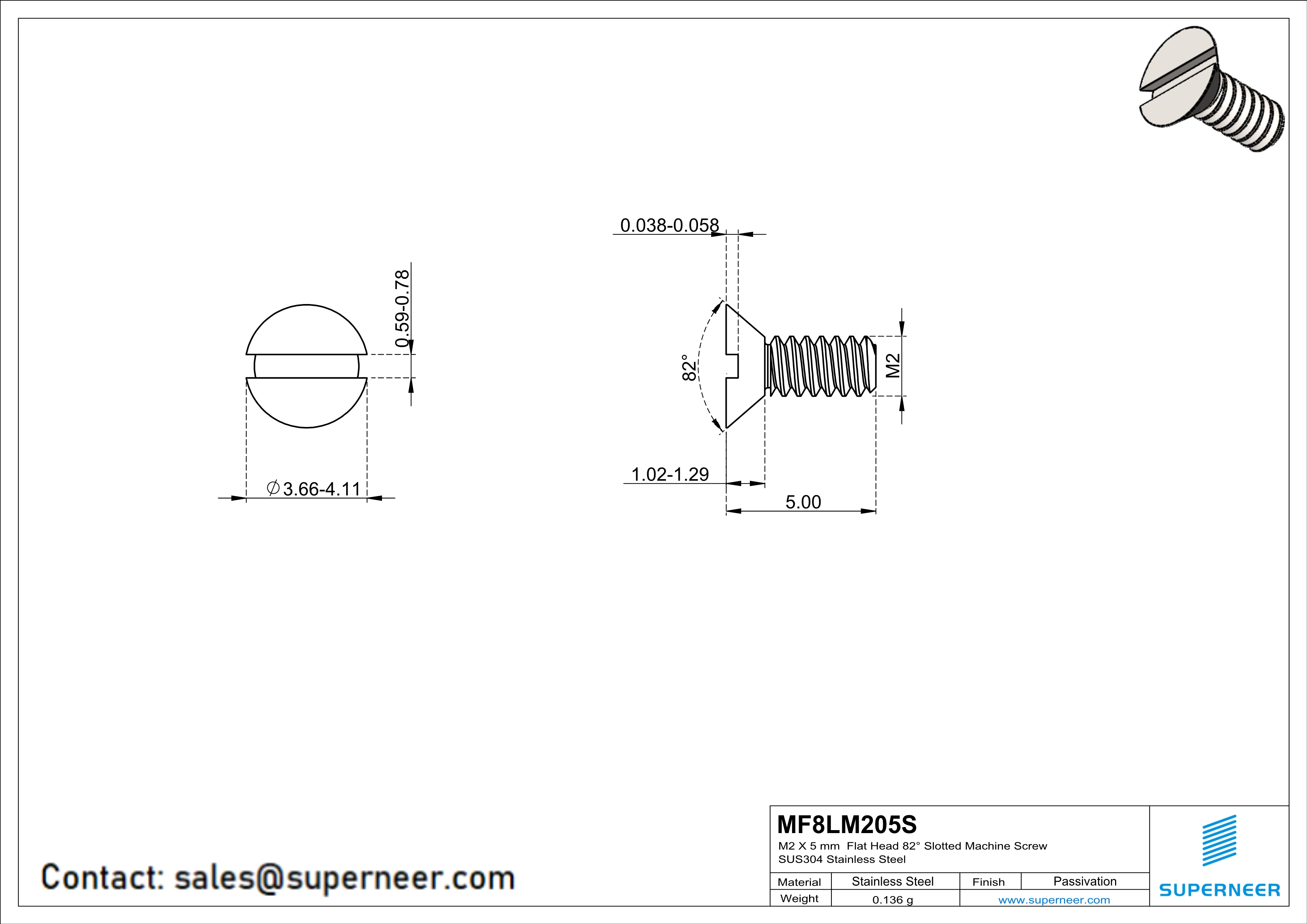 M2 x 5 mm  Flat Head 82° Slotted Machine Screw SUS304 Stainless Steel Inox