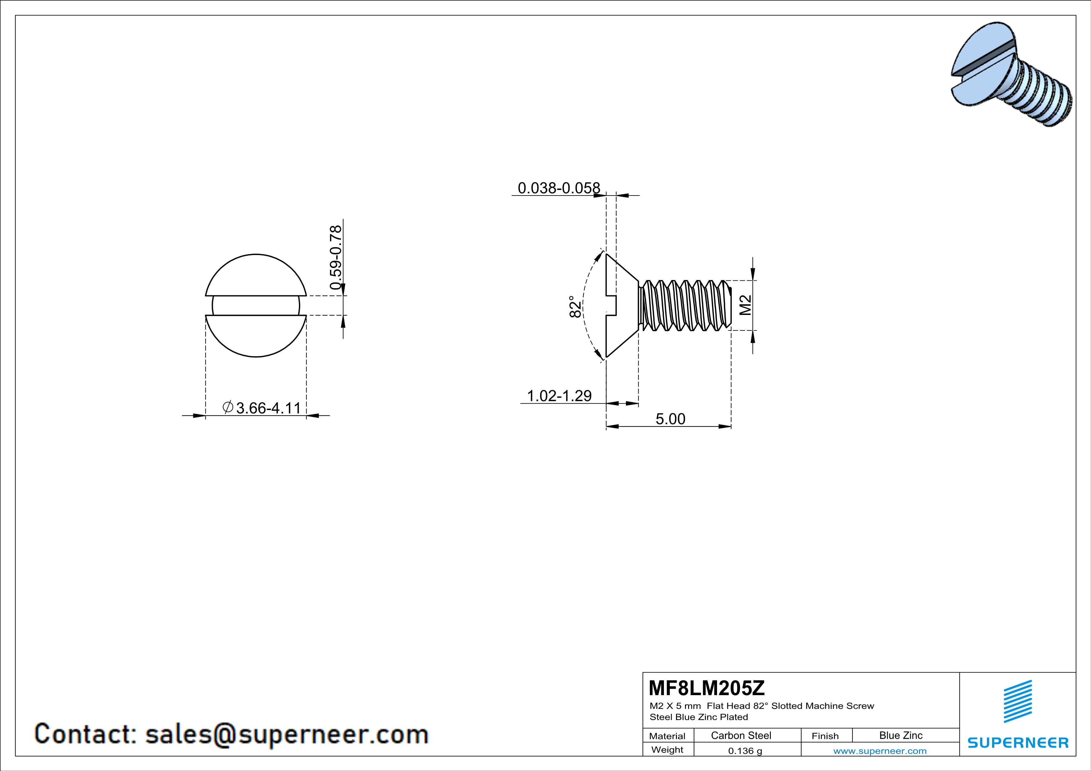 M2 x 5 mm Flat Head 82° Slotted Machine Screw Steel Blue Zinc Plated