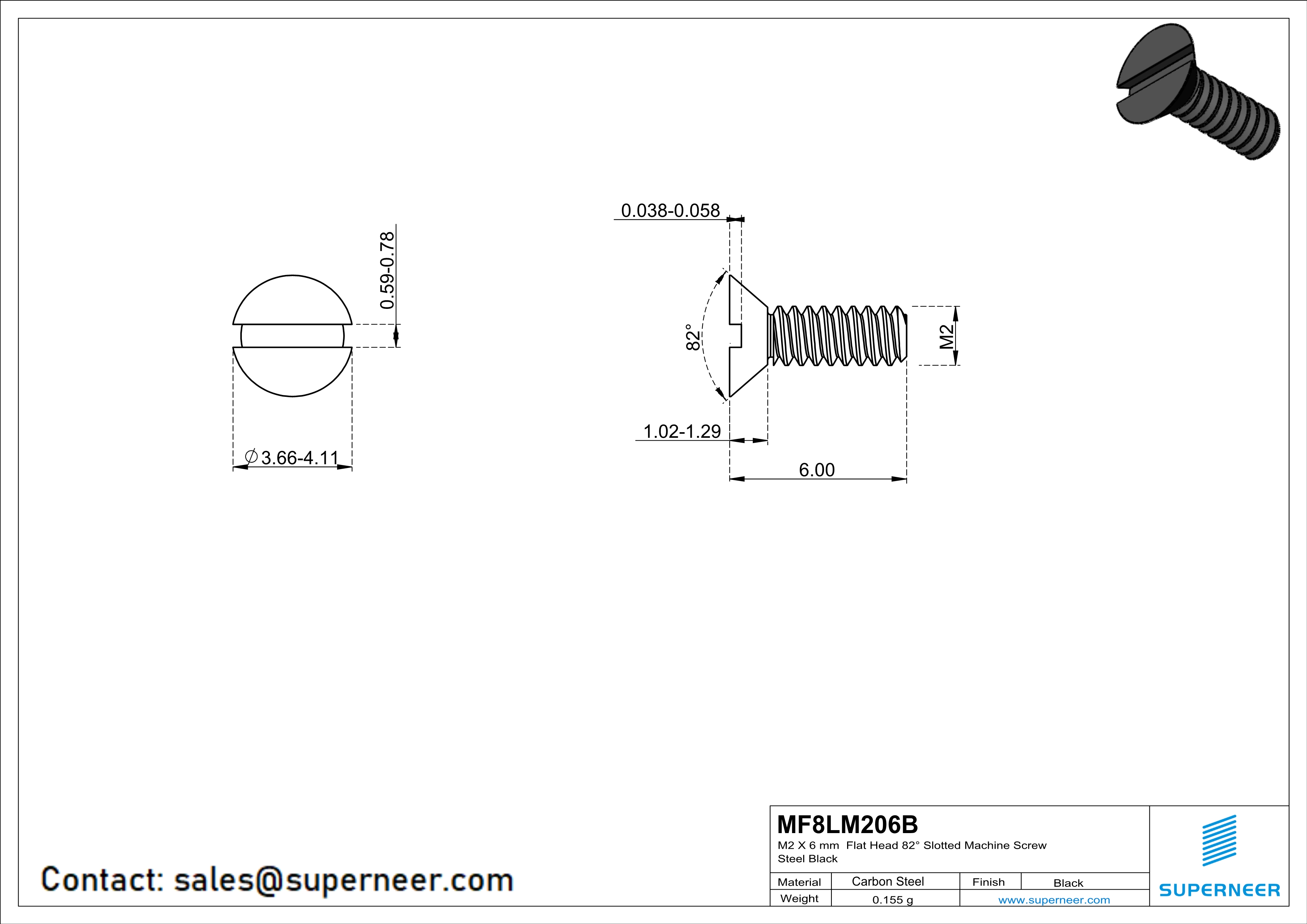 M2 x 6 mm Flat Head 82° Slotted Machine Screw Steel Black