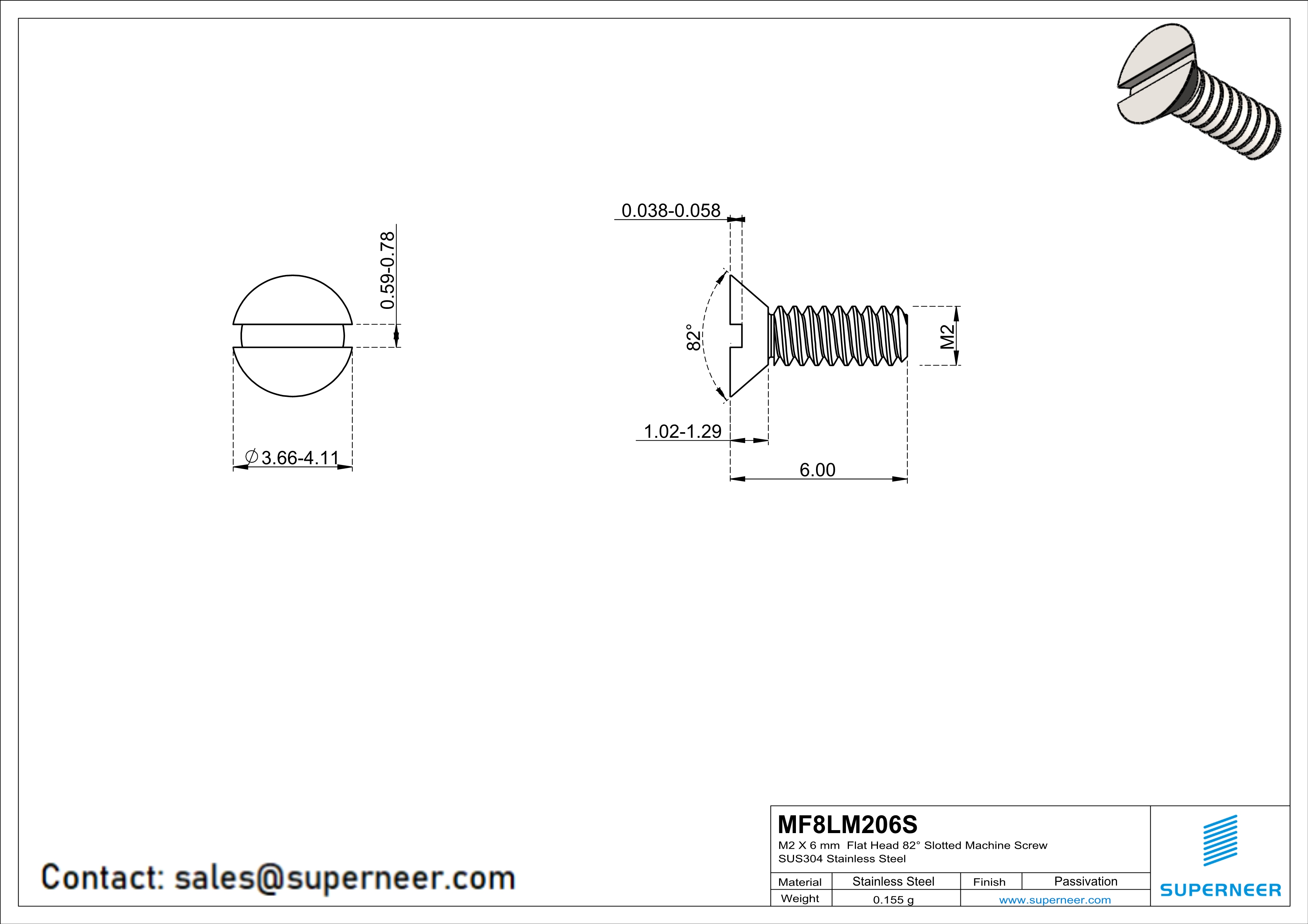 M2 x 6 mm  Flat Head 82° Slotted Machine Screw SUS304 Stainless Steel Inox