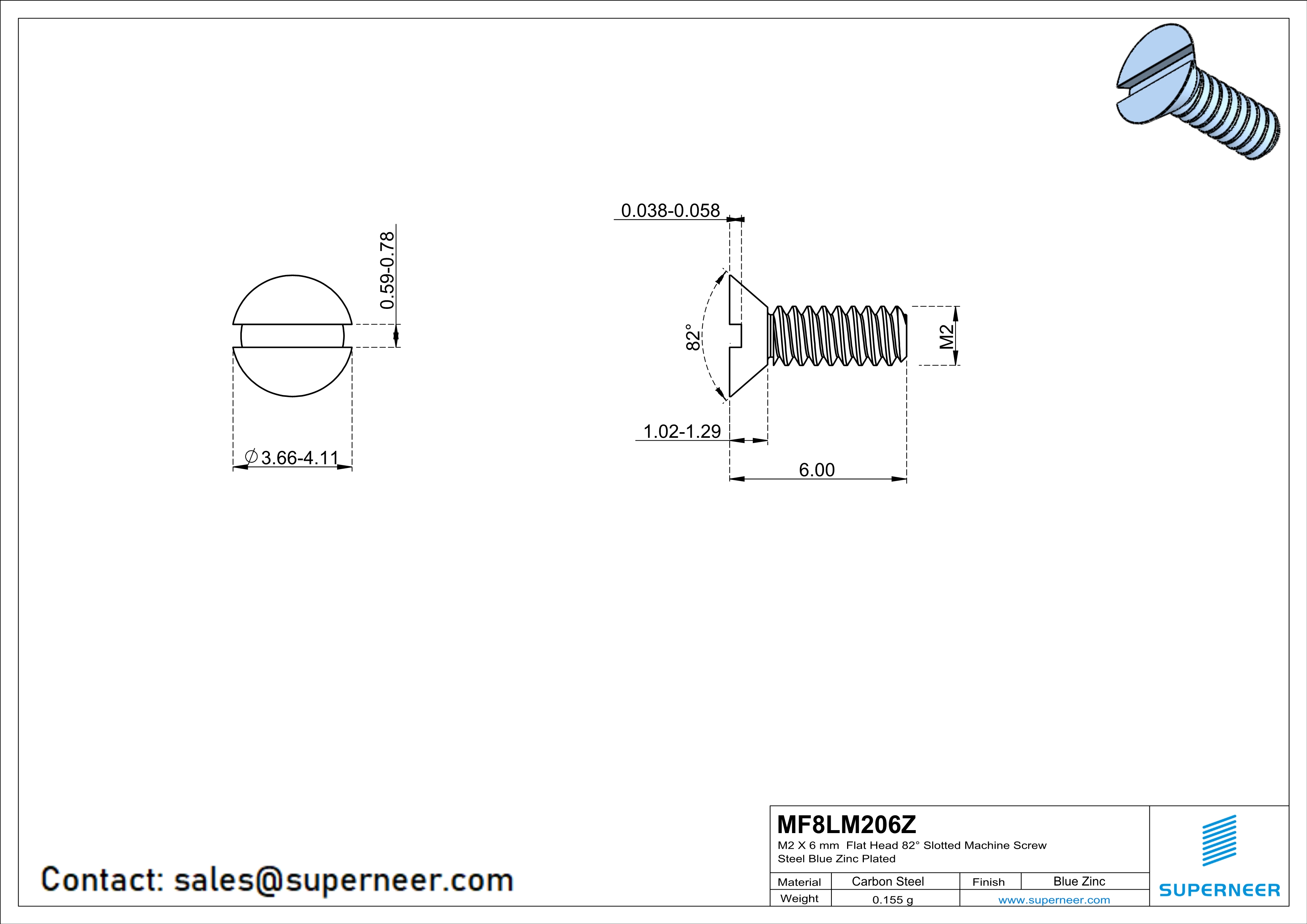 M2 x 6 mm Flat Head 82° Slotted Machine Screw Steel Blue Zinc Plated