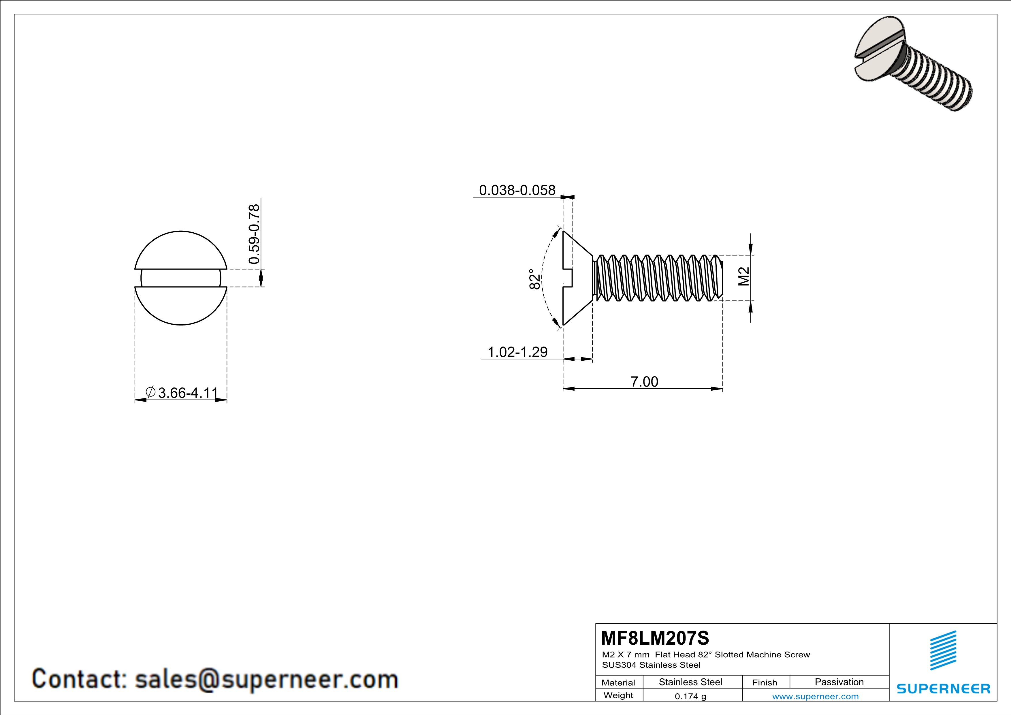 M2 x 7 mm  Flat Head 82° Slotted Machine Screw SUS304 Stainless Steel Inox