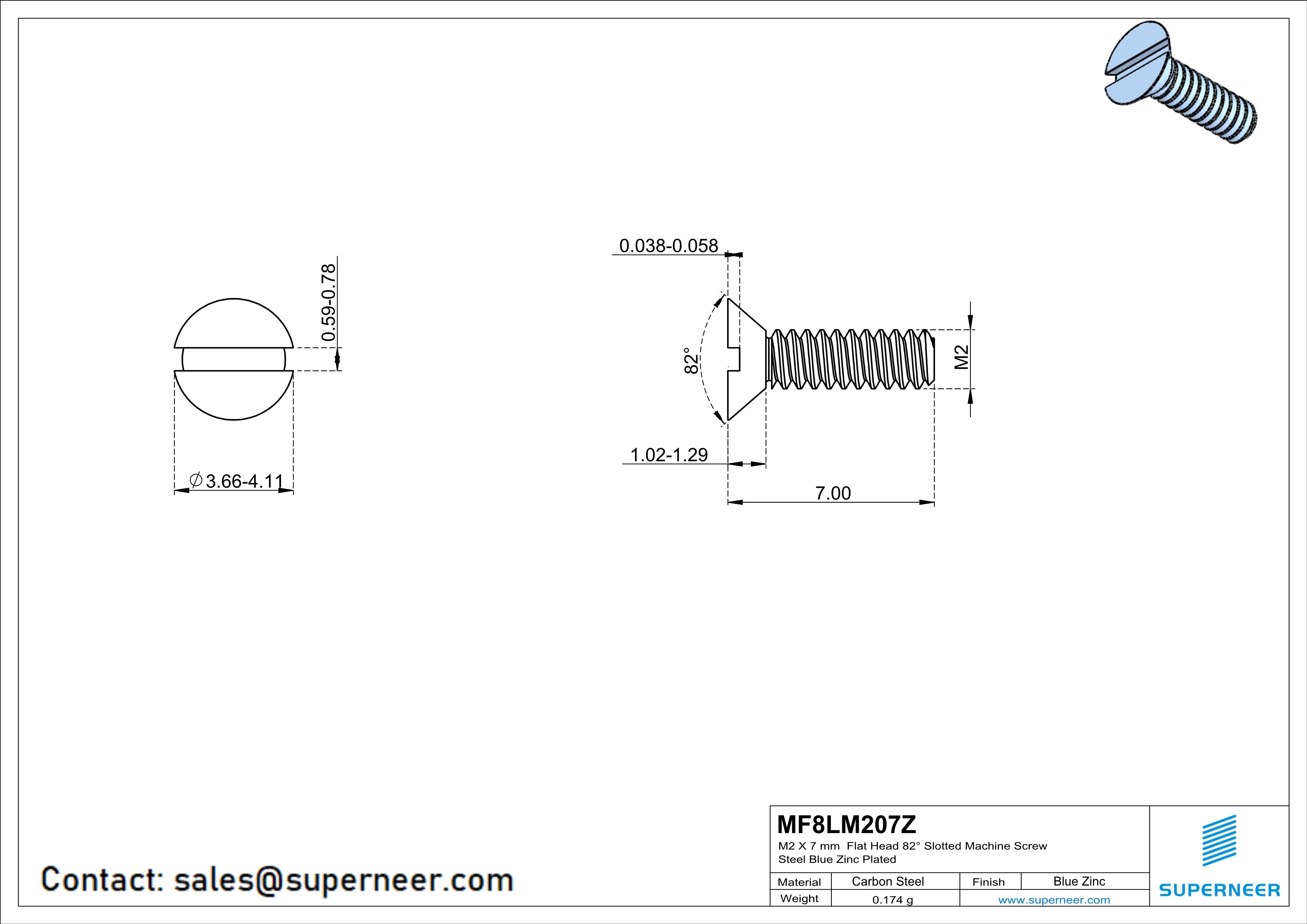 M2 x 7 mm Flat Head 82° Slotted Machine Screw Steel Blue Zinc Plated