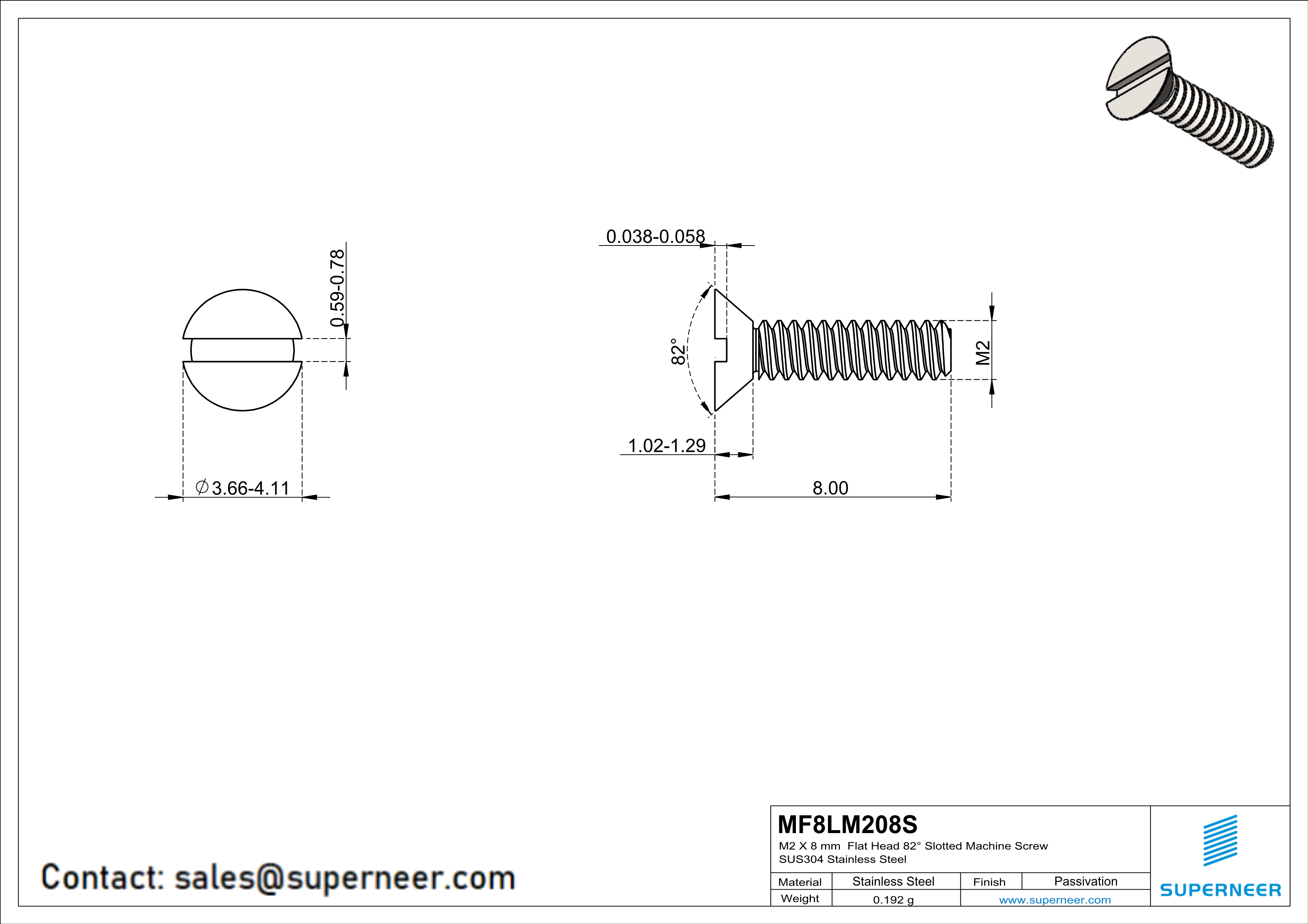 M2 x 8 mm  Flat Head 82° Slotted Machine Screw SUS304 Stainless Steel Inox