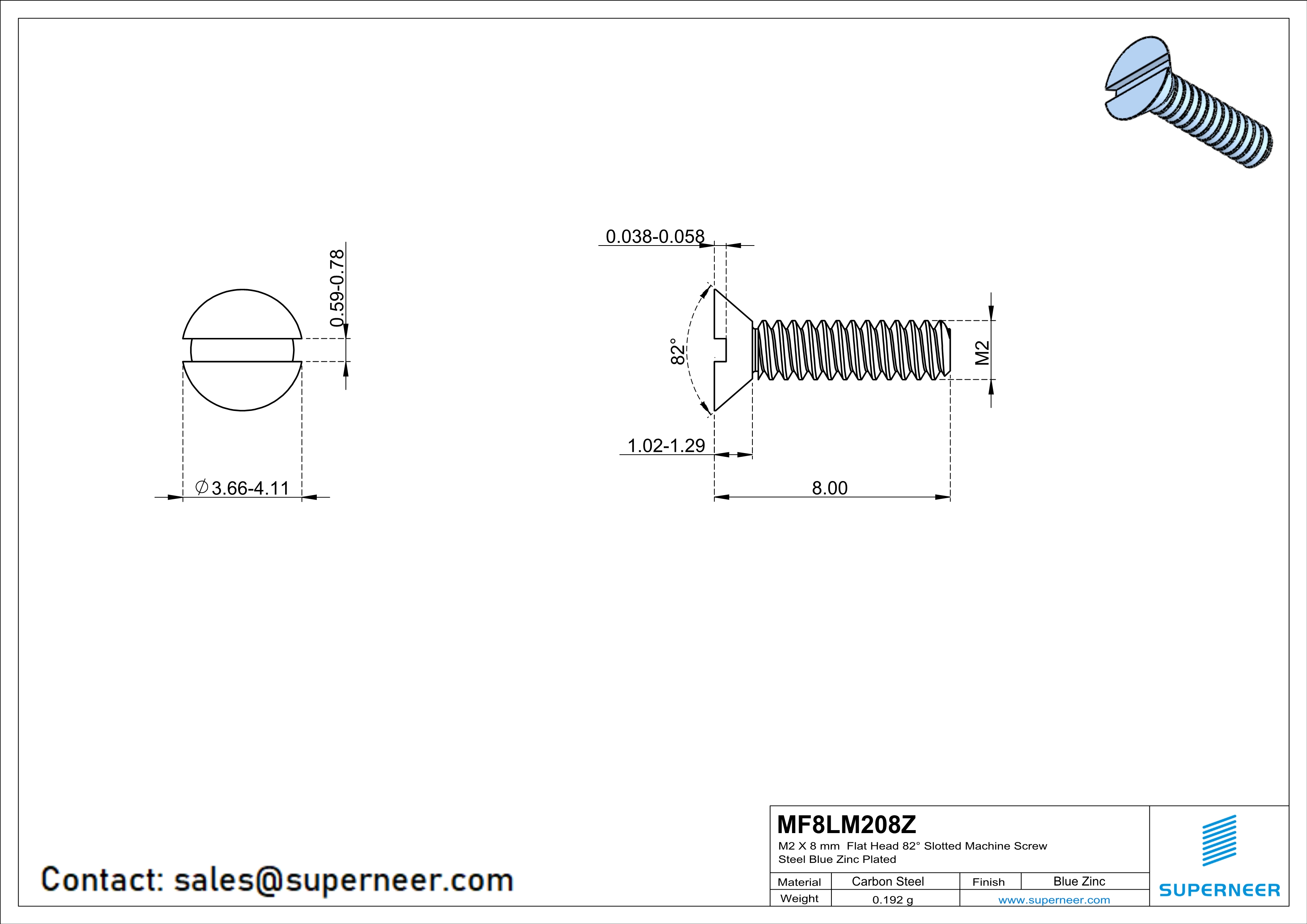 M2 x 8 mm Flat Head 82° Slotted Machine Screw Steel Blue Zinc Plated