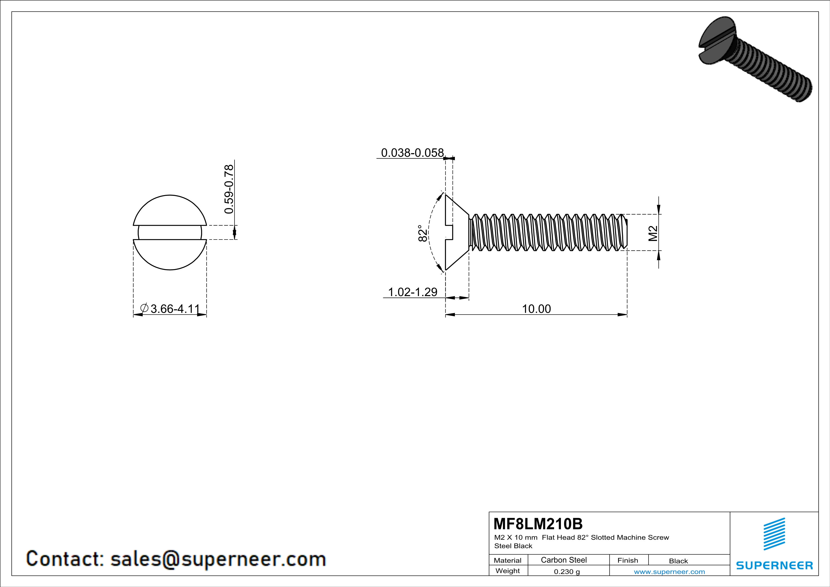 M2 x 10 mm Flat Head 82° Slotted Machine Screw Steel Black