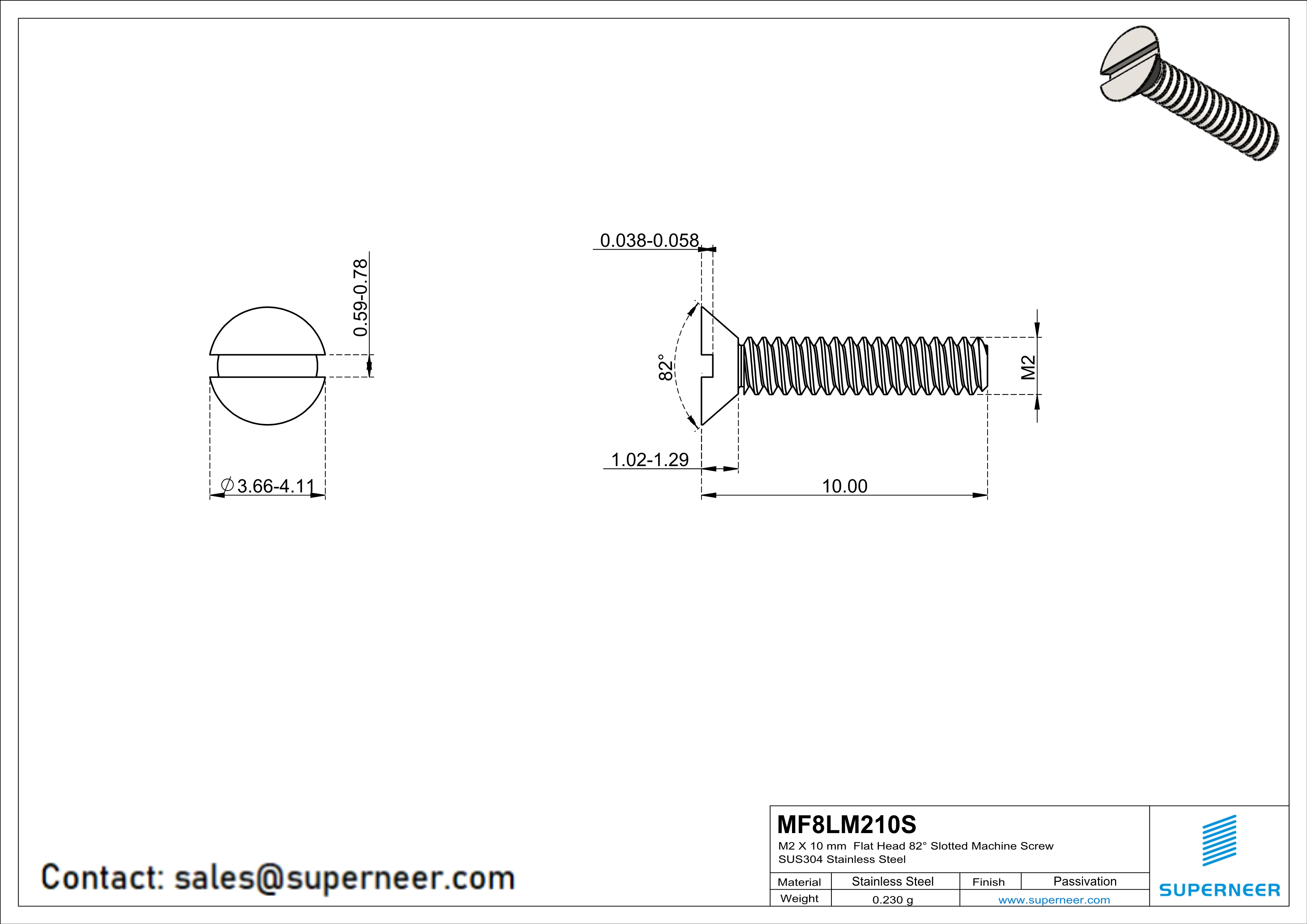 M2 x 10 mm  Flat Head 82° Slotted Machine Screw SUS304 Stainless Steel Inox