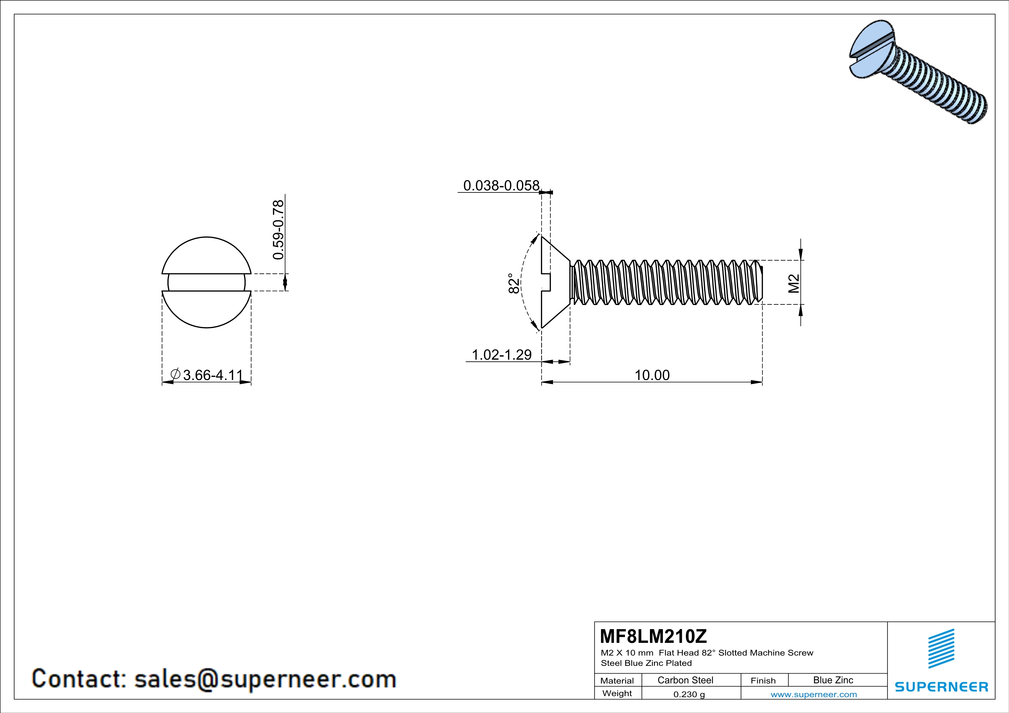 M2 x 10 mm Flat Head 82° Slotted Machine Screw Steel Blue Zinc Plated