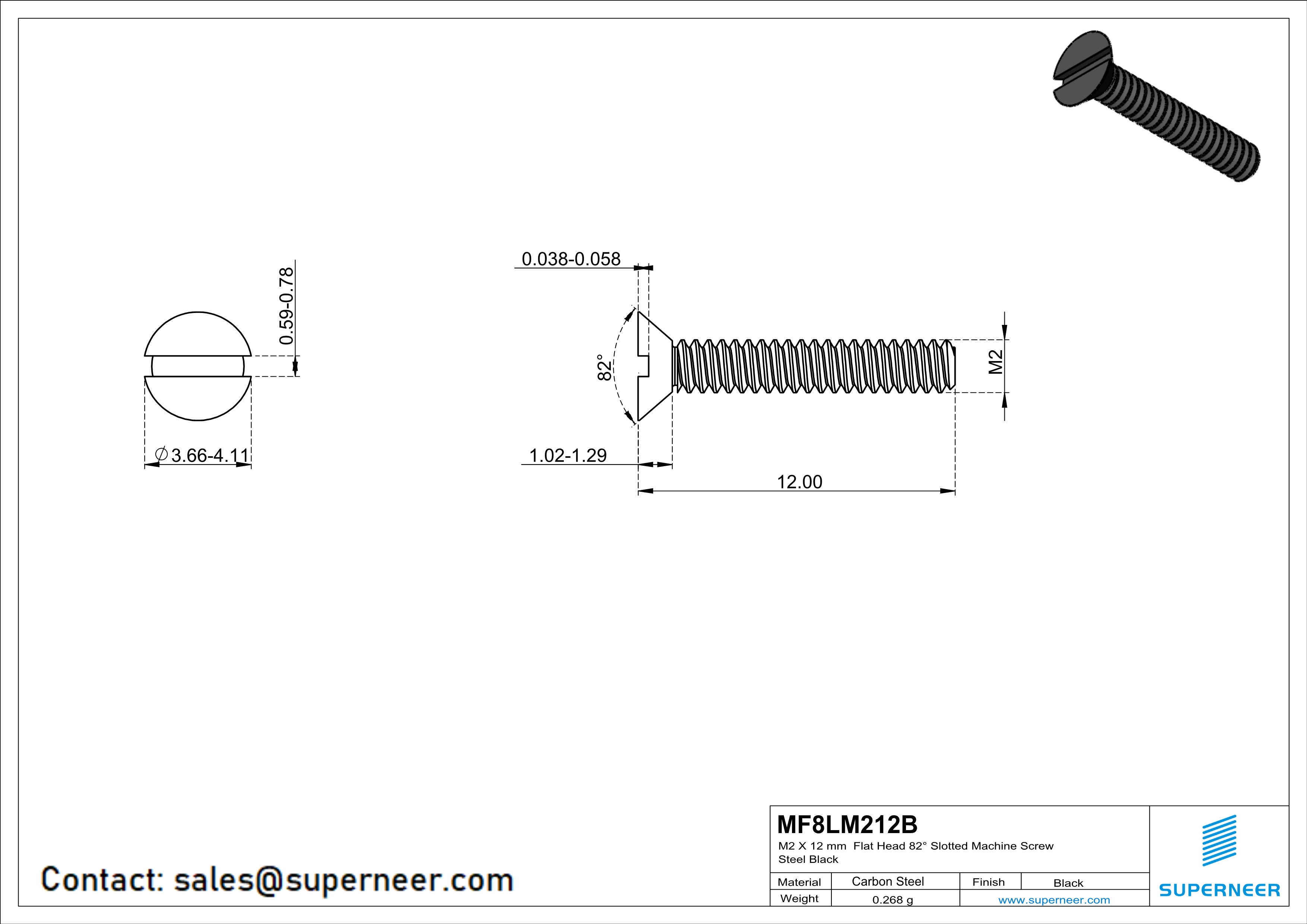 M2 x 12 mm Flat Head 82° Slotted Machine Screw Steel Black