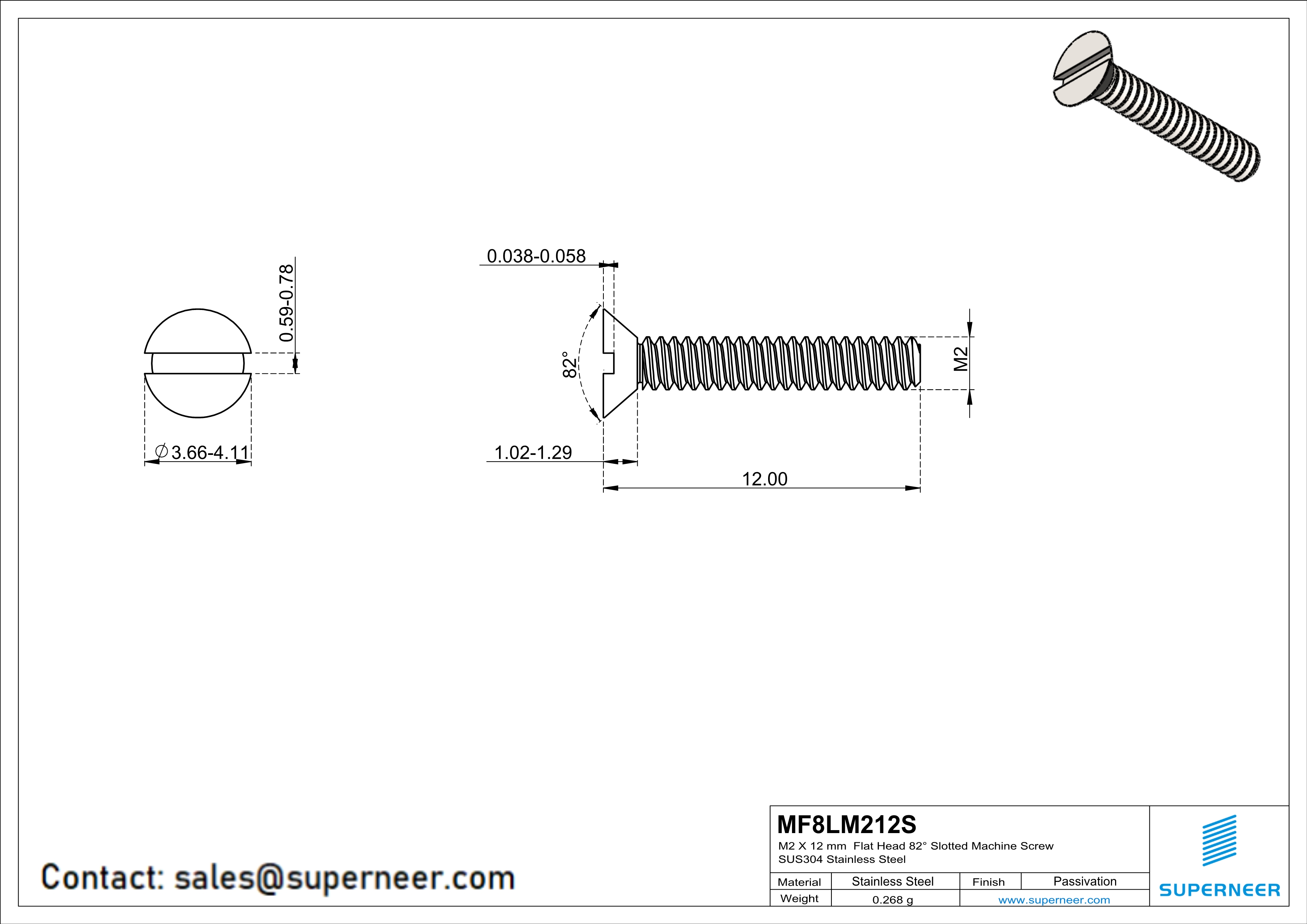 M2 x 12 mm  Flat Head 82° Slotted Machine Screw SUS304 Stainless Steel Inox