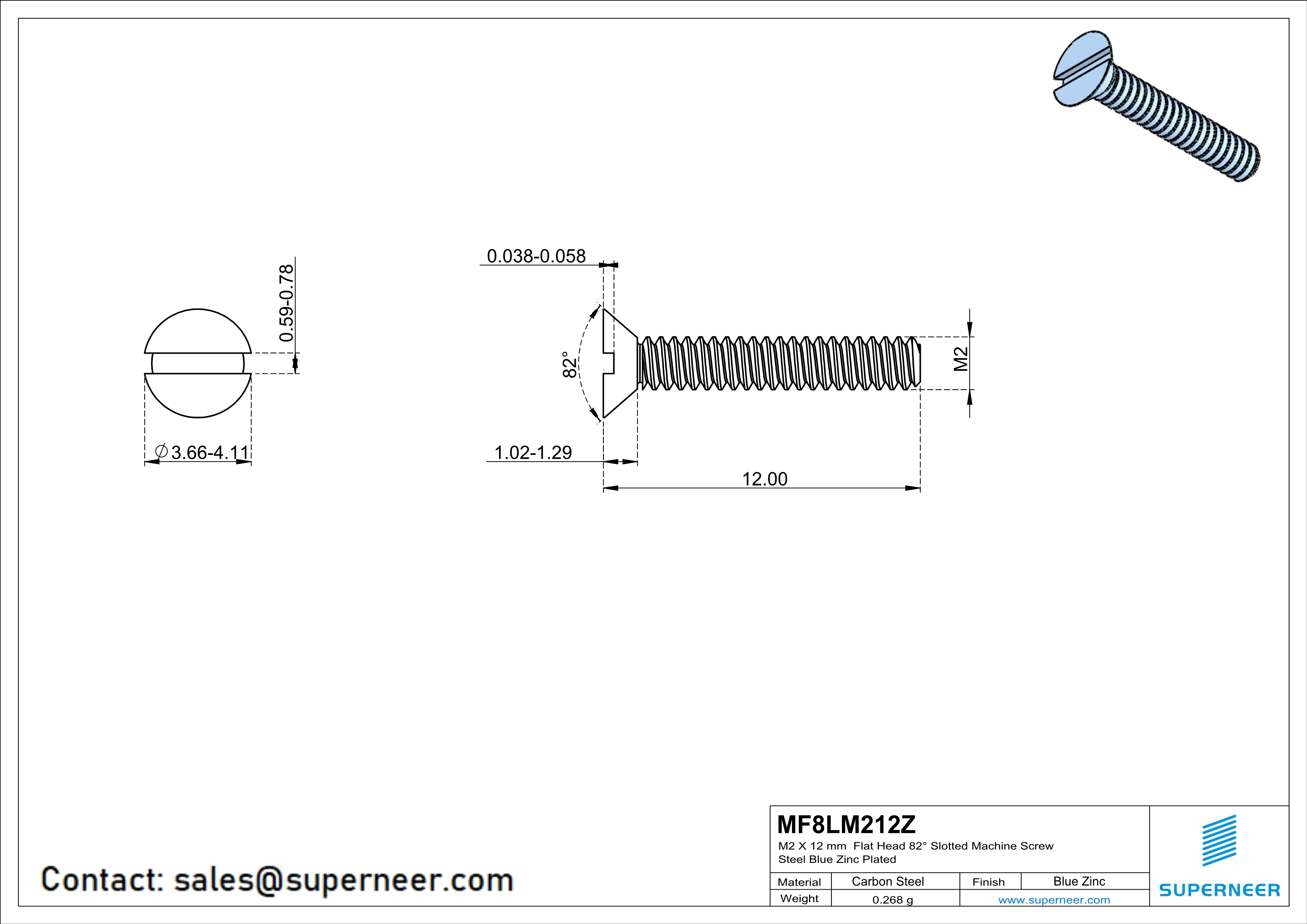 M2 x 12 mm Flat Head 82° Slotted Machine Screw Steel Blue Zinc Plated