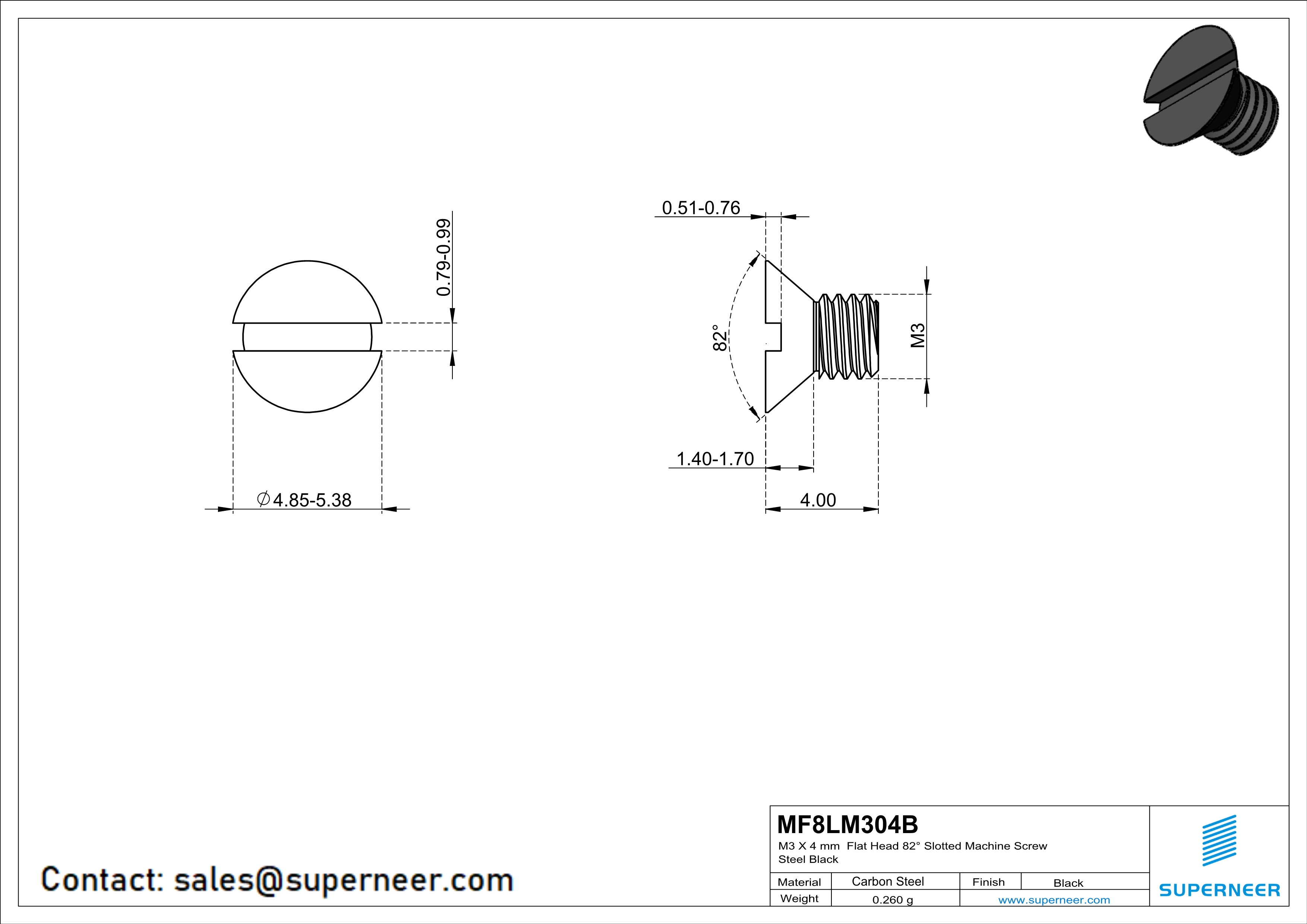 M3 x 4 mm Flat Head 82° Slotted Machine Screw Steel Black