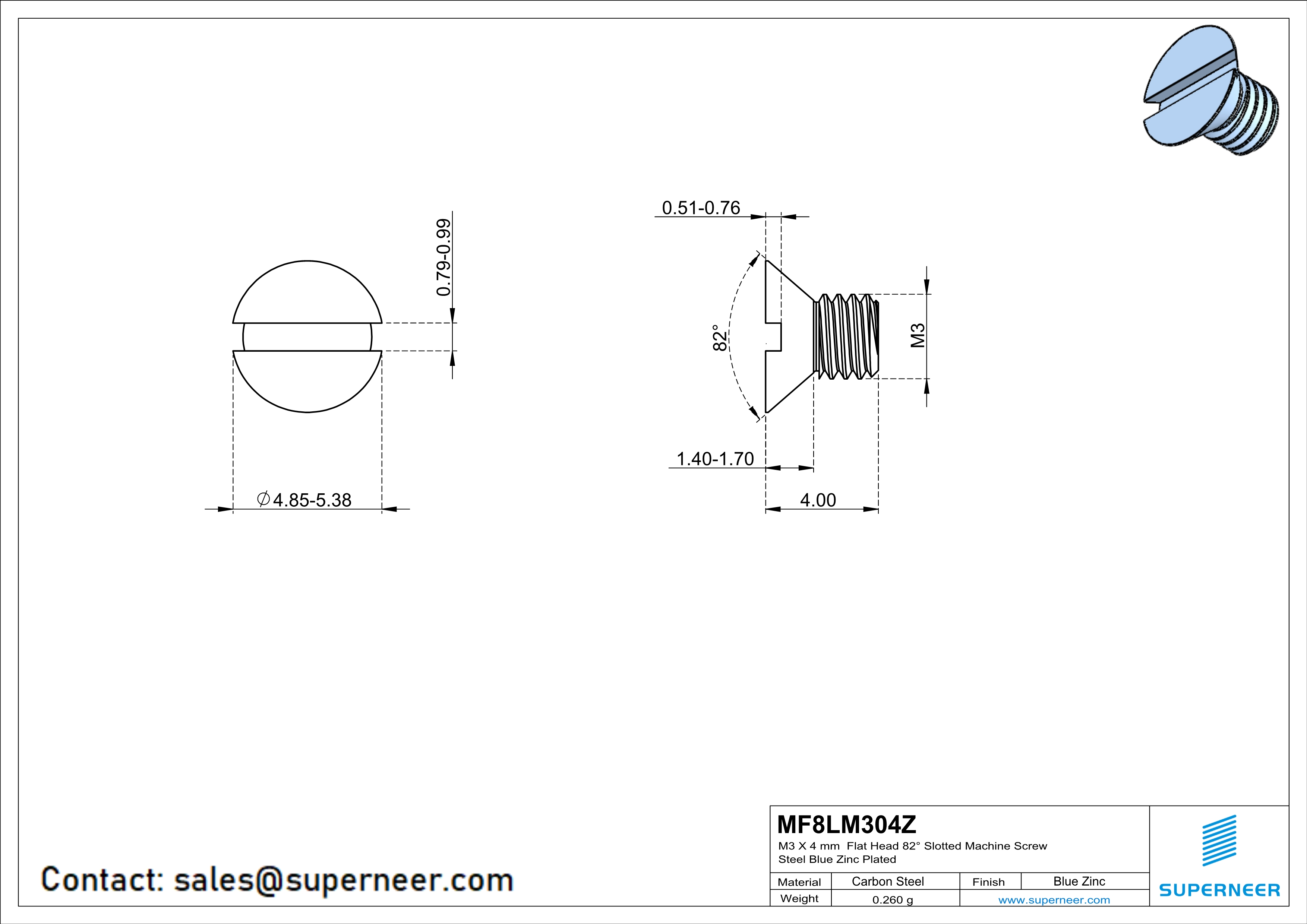 M3 x 4 mm Flat Head 82° Slotted Machine Screw Steel Blue Zinc Plated